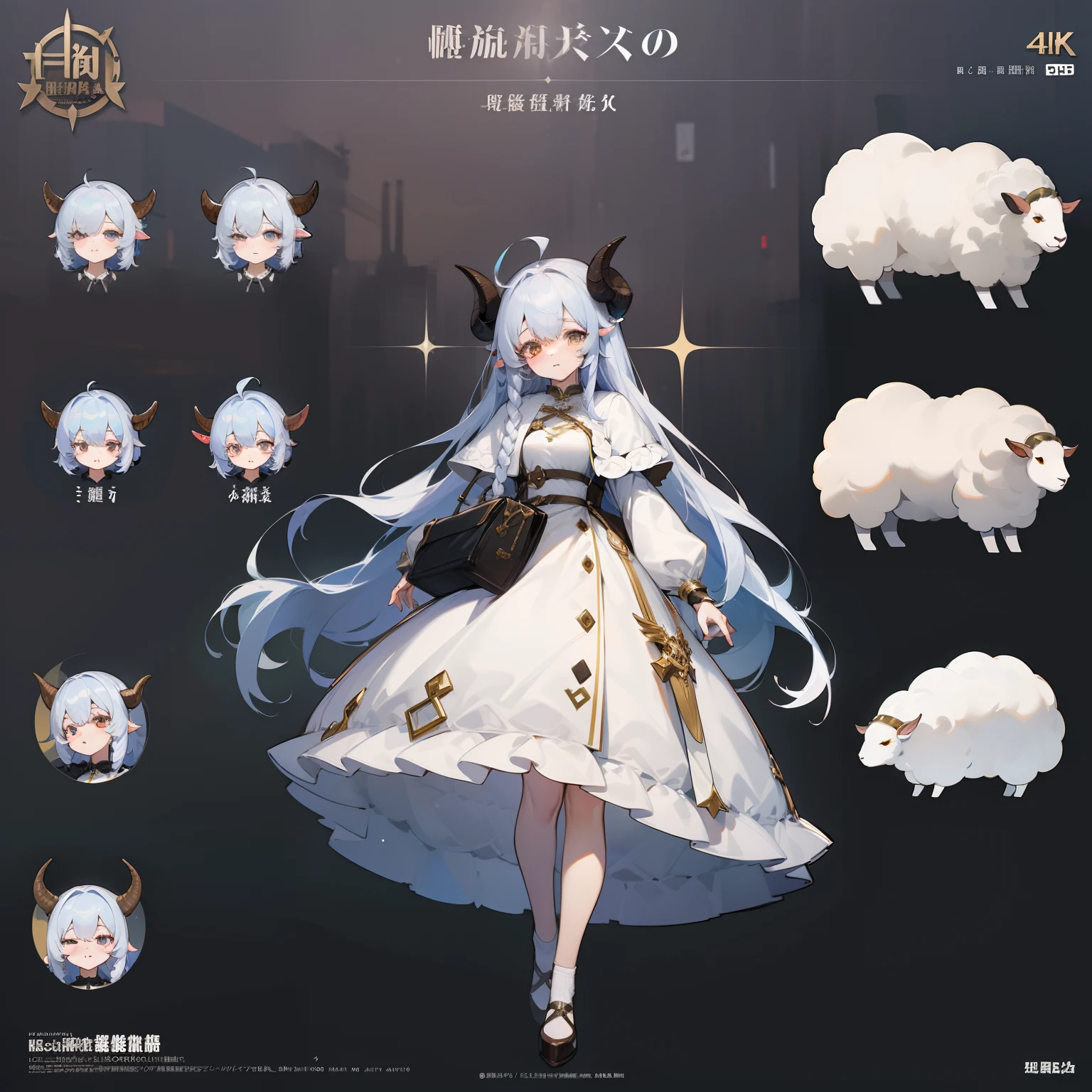 ((character sheets))、top-quality、Masterpiece 4K、8K ultra-high resolution、Sheep Girl、Sheep horns grow on the head、Bore coat、One girl in a big coat。