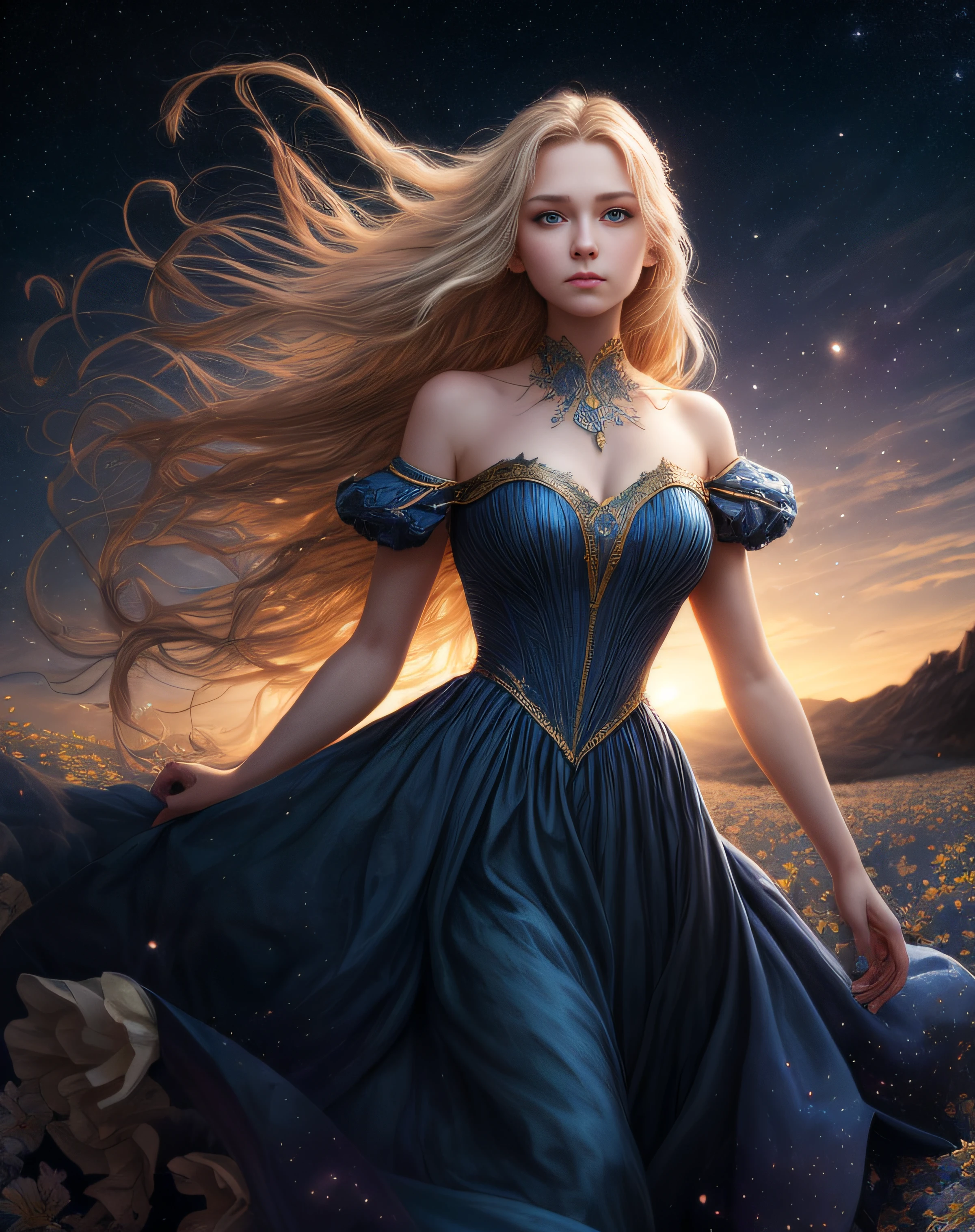 (best quality, masterpiece), young woman, pose, particle, wind, flower, upper body, night eclipse background, looking at viewer, long straight windblown blonde hair, detailded blue eyes, medieval princess blue dress, galaxy, backlit, rimlight, beautiful artwork, perfect composition