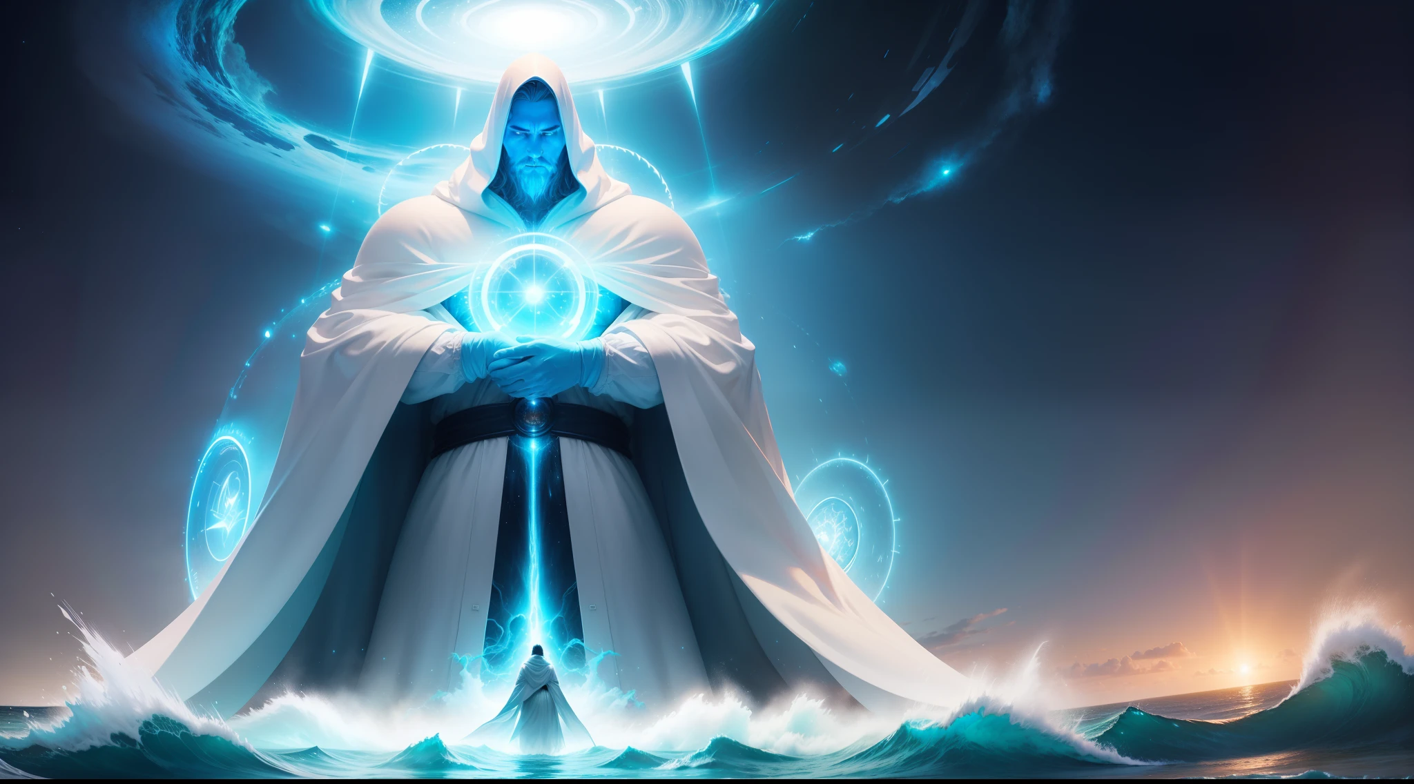 God gigantic man wrapped in a white cloak emerging from the ocean waters in front of a vortex, magical portal in the sky illuminated and full of colored lights, brilliant magical time portal, highly detailed in 32k, hyper detailed, hyper sharp, hyper realistic, hyper intricate, photorealism style