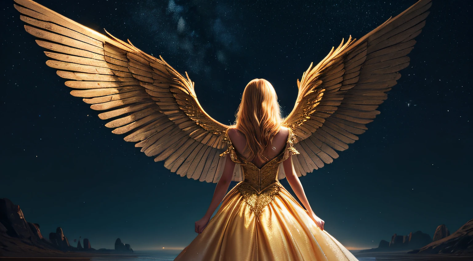 A woman with long, golden hair, with majestic wings on her back, is standing in a nocturnal landscape illuminated by a soft light. Her dress is golden and fluid, matching perfectly with the glow of the stars in the background.