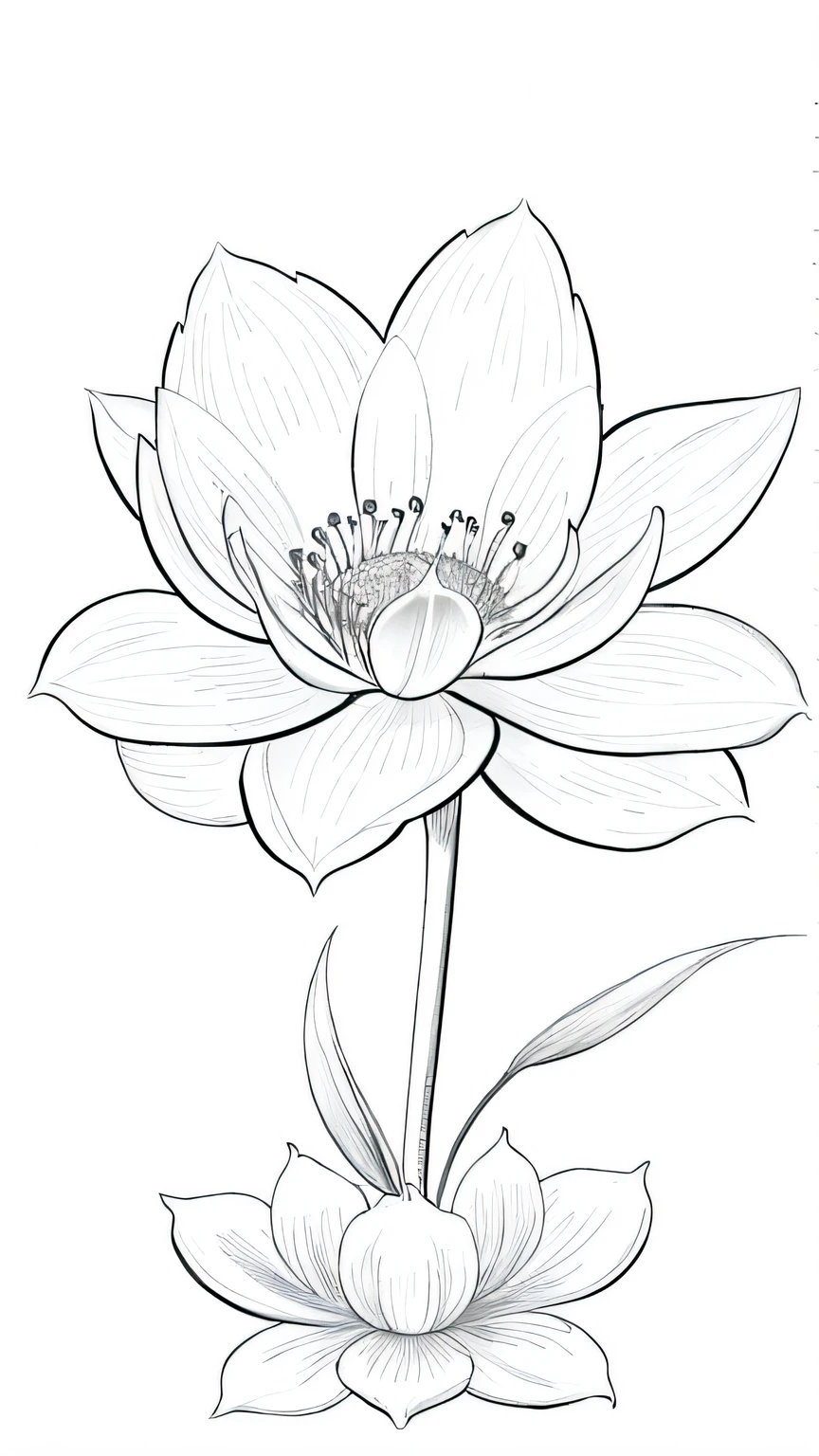 Blossoming Serenity flower, many flower, line drawing background, white background, monochrome, line drawing, ((sketch))