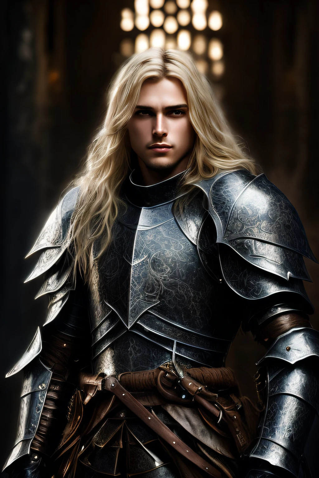 Portrait of a fantasy knight, blonde, man, dark illumination, detailed and intricate environment.