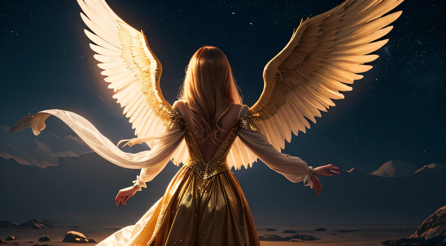 A woman with long, golden hair, with majestic wings on her back, is standing in a nocturnal landscape illuminated by a soft light. Her dress is golden and fluid, matching perfectly with the glow of the stars in the background.