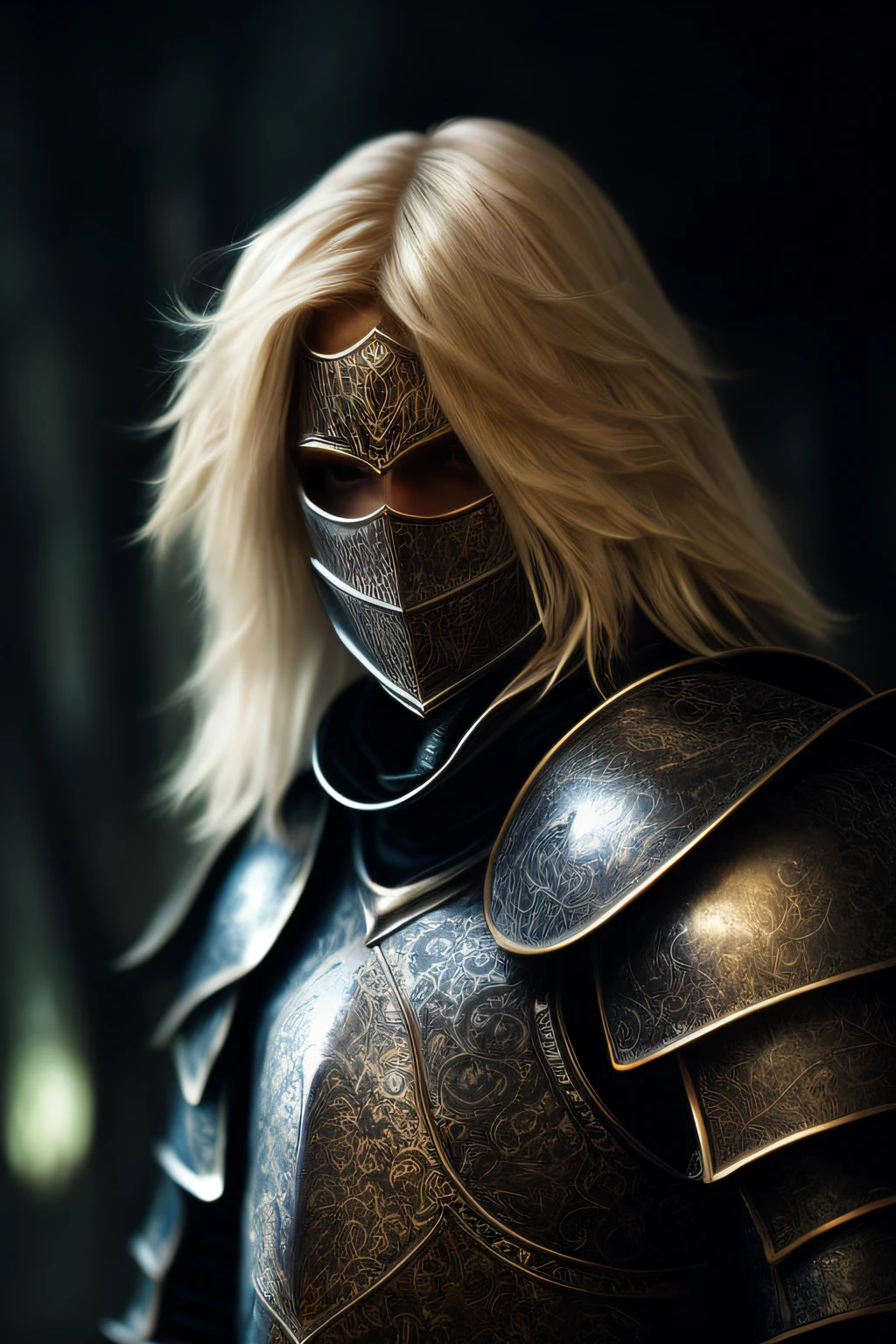 Portrait of a fantasy knight, blonde, man, dark illumination, detailed and intricate environment.