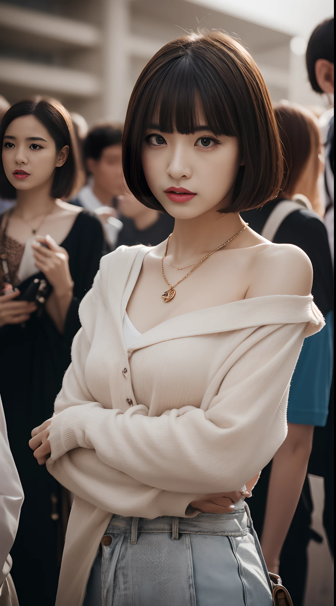 8K quality、Top image quality、超A high resolution、tmasterpiece、Photorealsitic、1 girl in、tense look、Fashionable makeup、bob-cut、（off-the-shoulder shirts、Clothes that fit the body）、side、ciinematic light、The protagonist、disarray、Super slender、、in crowd、The number of people who are about to be crushed、vibrancy、a necklace、The beginning of the story、MagazineCover、Focus only on the protagonist、The most beautiful shape in the world、