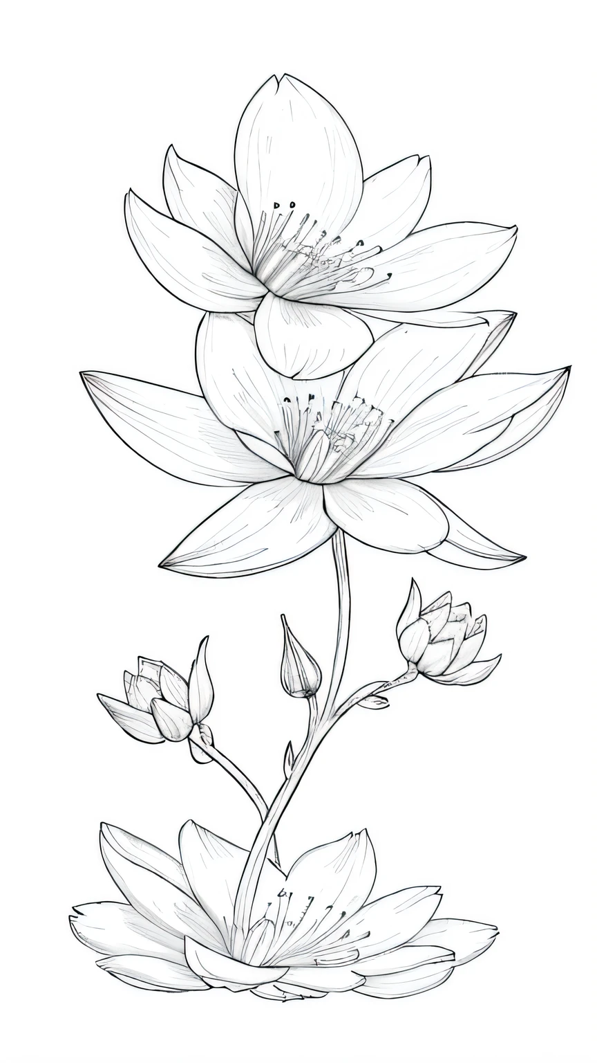 Blossoming Serenity flower, many flower,  line drawing background, white background, monochrome, line drawing, ((sketch))