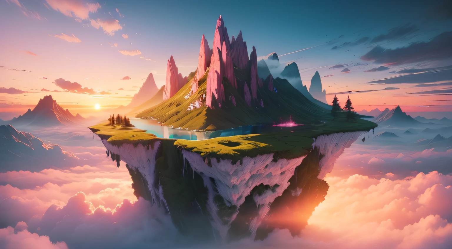 A floating natural island paradise in the clouds. Moss. Mountains. Pink, blue, and orange sky. Sunset. Sci-fi.