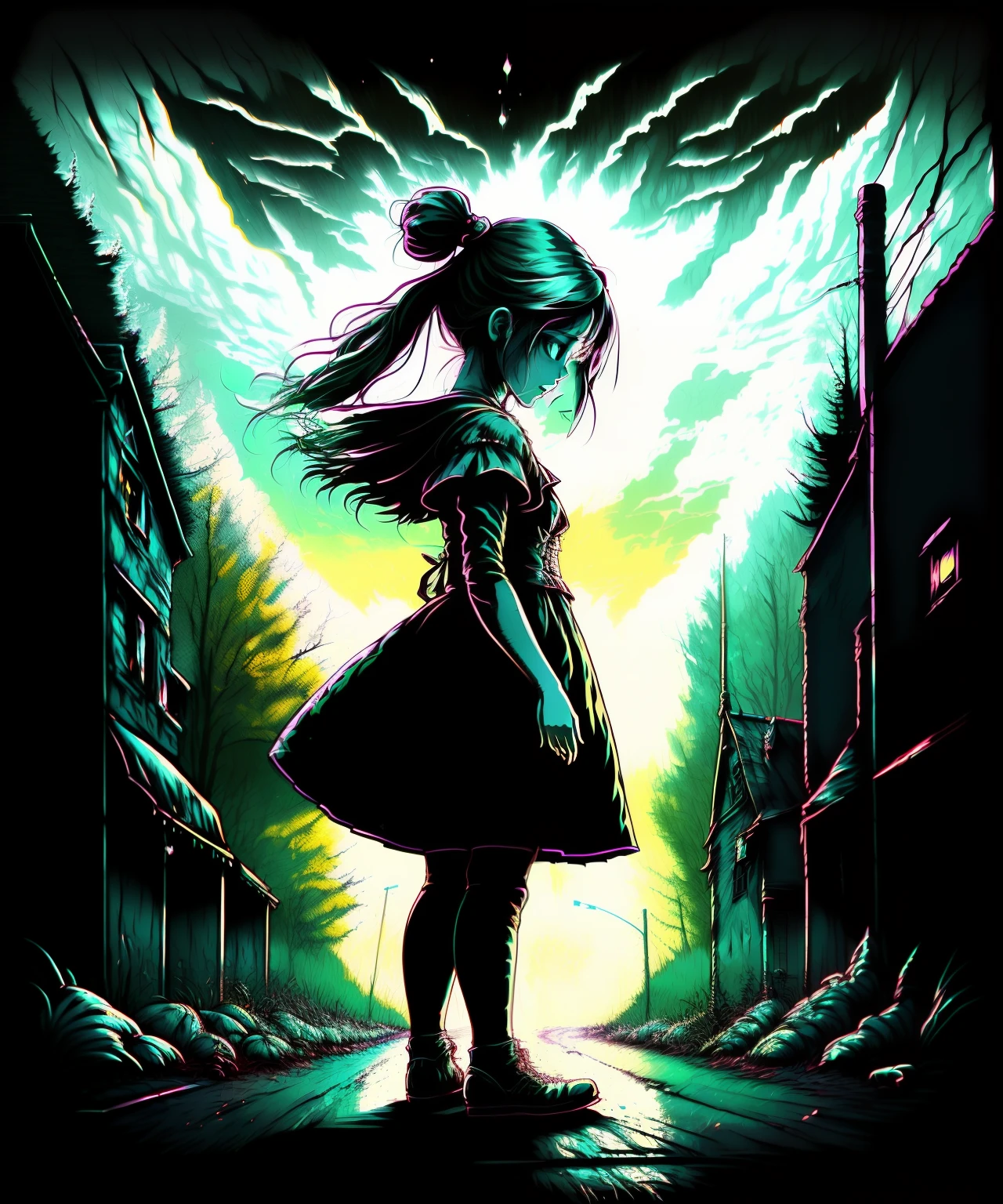 Create a horror image of a girl in the middle of the road in a white torn dress