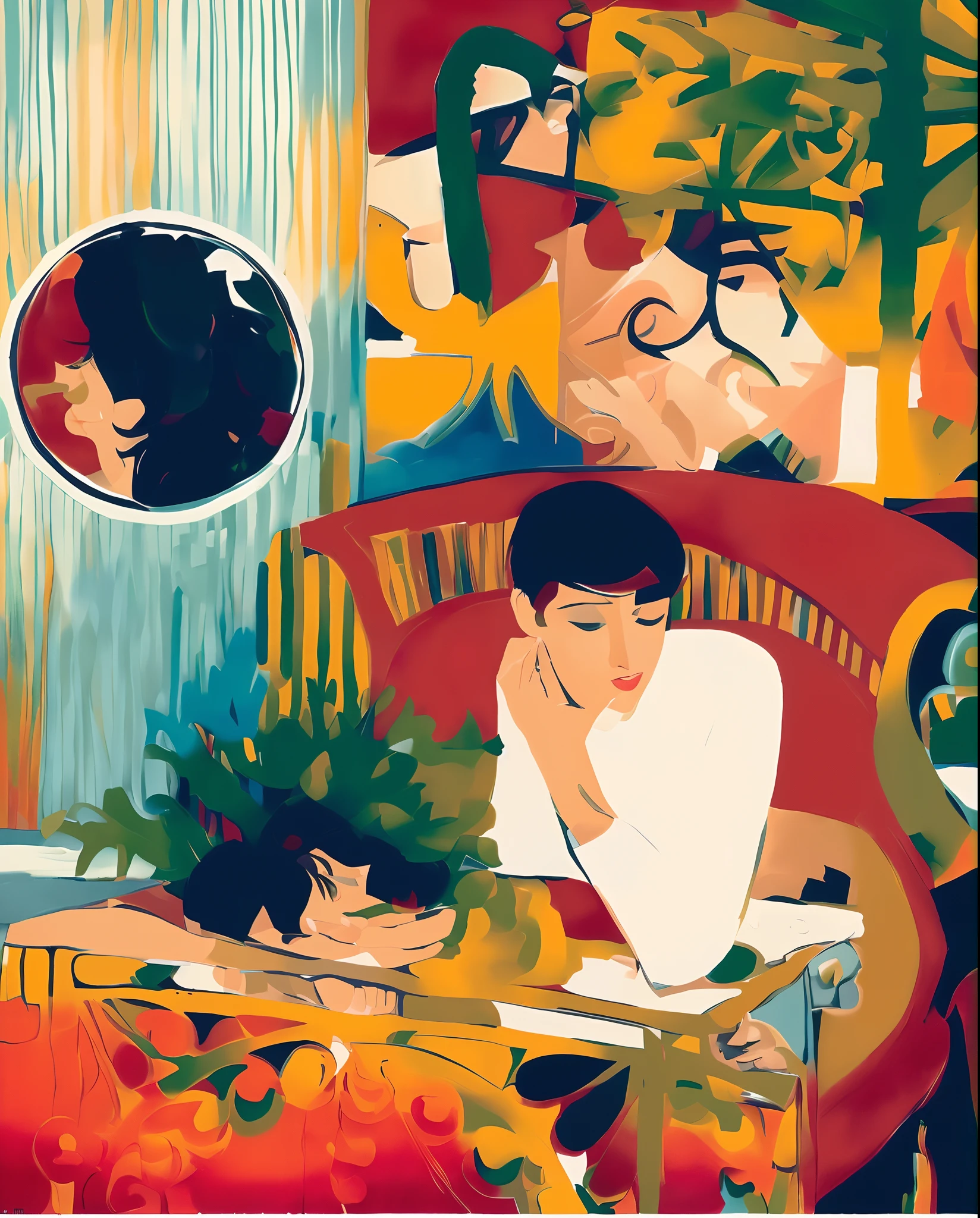 pintura de uma mulher sentada em uma cadeira com um vaso de flores, Directed by: Barbara Nessim, Directed by: Yvonne Jacquette, inspirado em Maurice Boitel, Neto de Benjamin, feito no estilo de matisse, Otto Schmidt, Directed by: Pruett Carter, Directed by: Amédée Ozenfant, inspirado em Yvonne Jacquette, Directed by: Maude Kaufman Eggemeyer