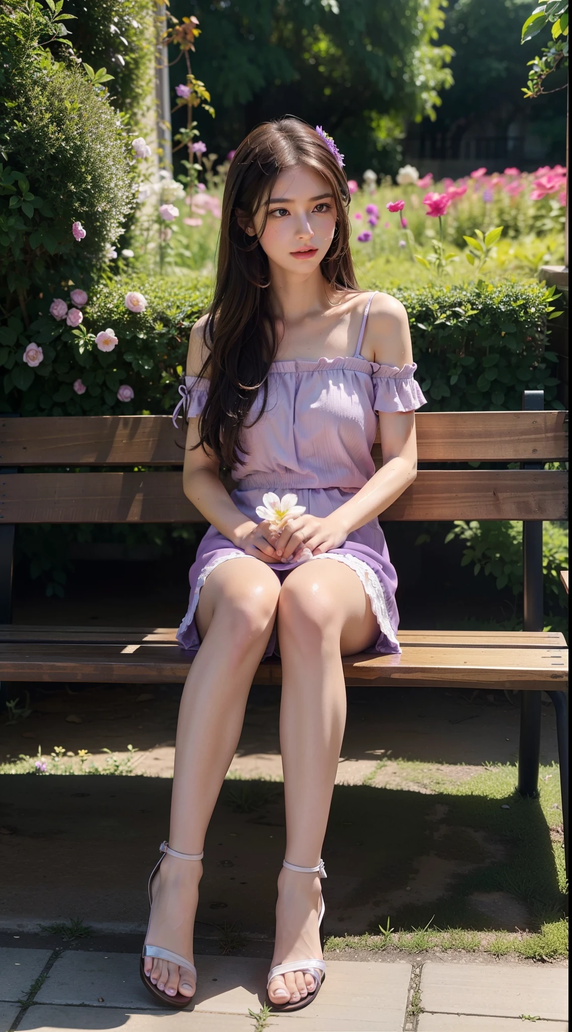 Araffe sitting on a bench in a park with flowers - SeaArt AI
