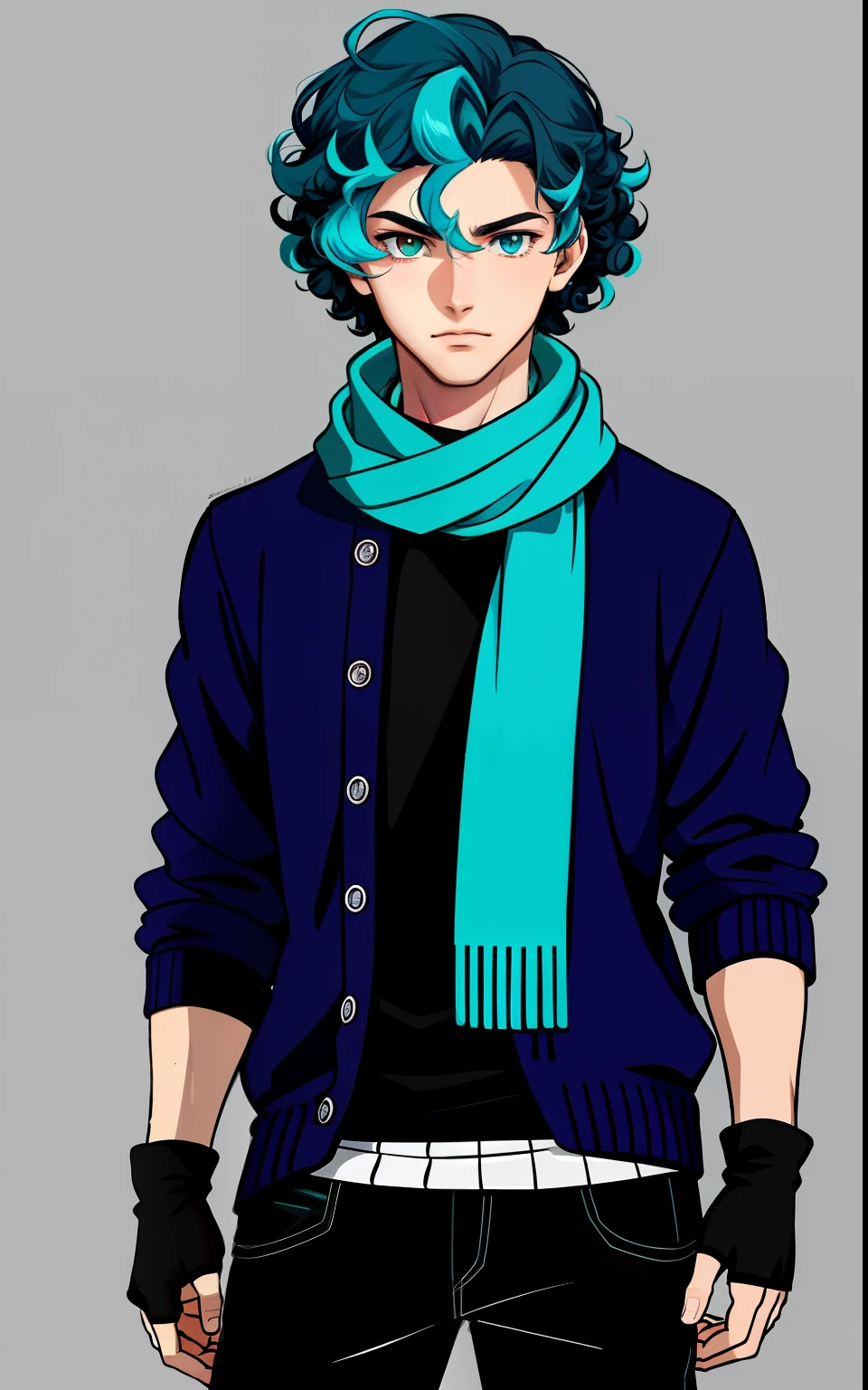 young male, 20s, curly hair with cyan tips, a cyan sweater and scarf, fingerless gloves, straight face, heterochromia in the eyes