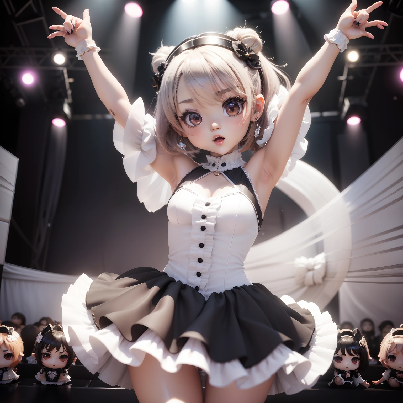 (((chibi3d))) very cute and beautiful chibi anime solo,
black eyes、long lashes、dark colorのlayer cut hairstyle,White heart-shaped earring,
One-piece with lots of white frills,Filled sleeves,White pumps,Live house,stage,Singing a song、Have a microphone,
Idol singer。