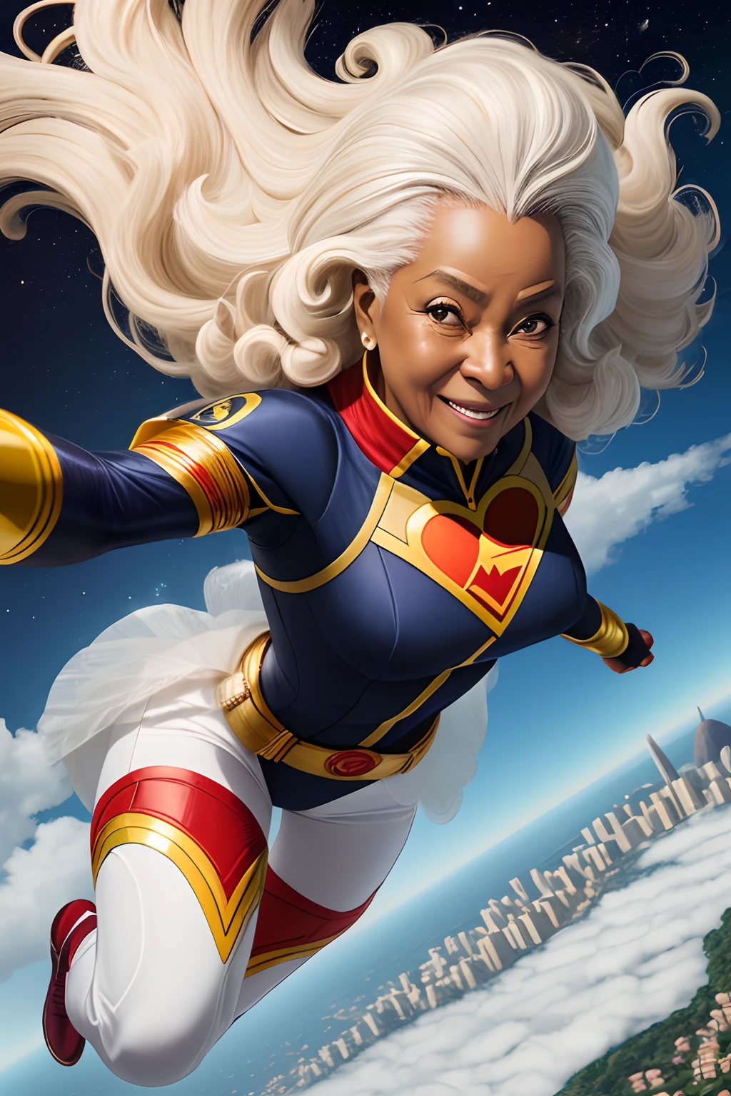 (1 elderly grandmother 70 years old ) (Elderly grandmother with wavy white hair), afro, cabelos ondulados usando (Roupa do super homem), vestindo a Roupa do super homem , (flying towards the camera), (mulher parece feliz), voando para salvar o mundo, plano de fundo favelas do rio de janeiro , contornos grossos, Comic book style,, pele realista, realistic hands, (usando a vassoura como arma ) (voando igual o super homem voa )