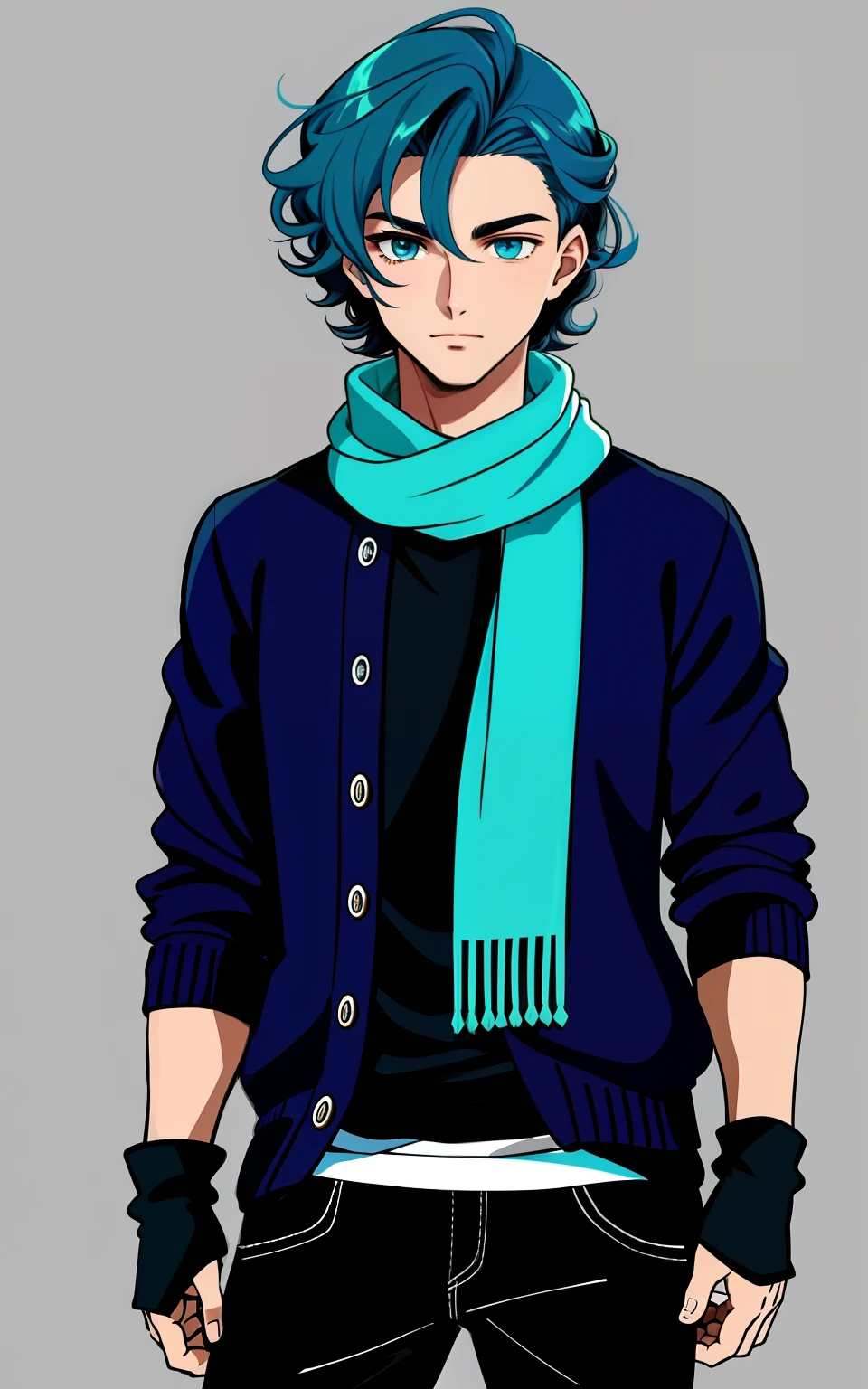 jovem do sexo masculino, 20s, Cabelos cacheados com pontas ciano, a cyan sweater and scarf, luvas sem dedos, face reta, heterocromia nos olhos