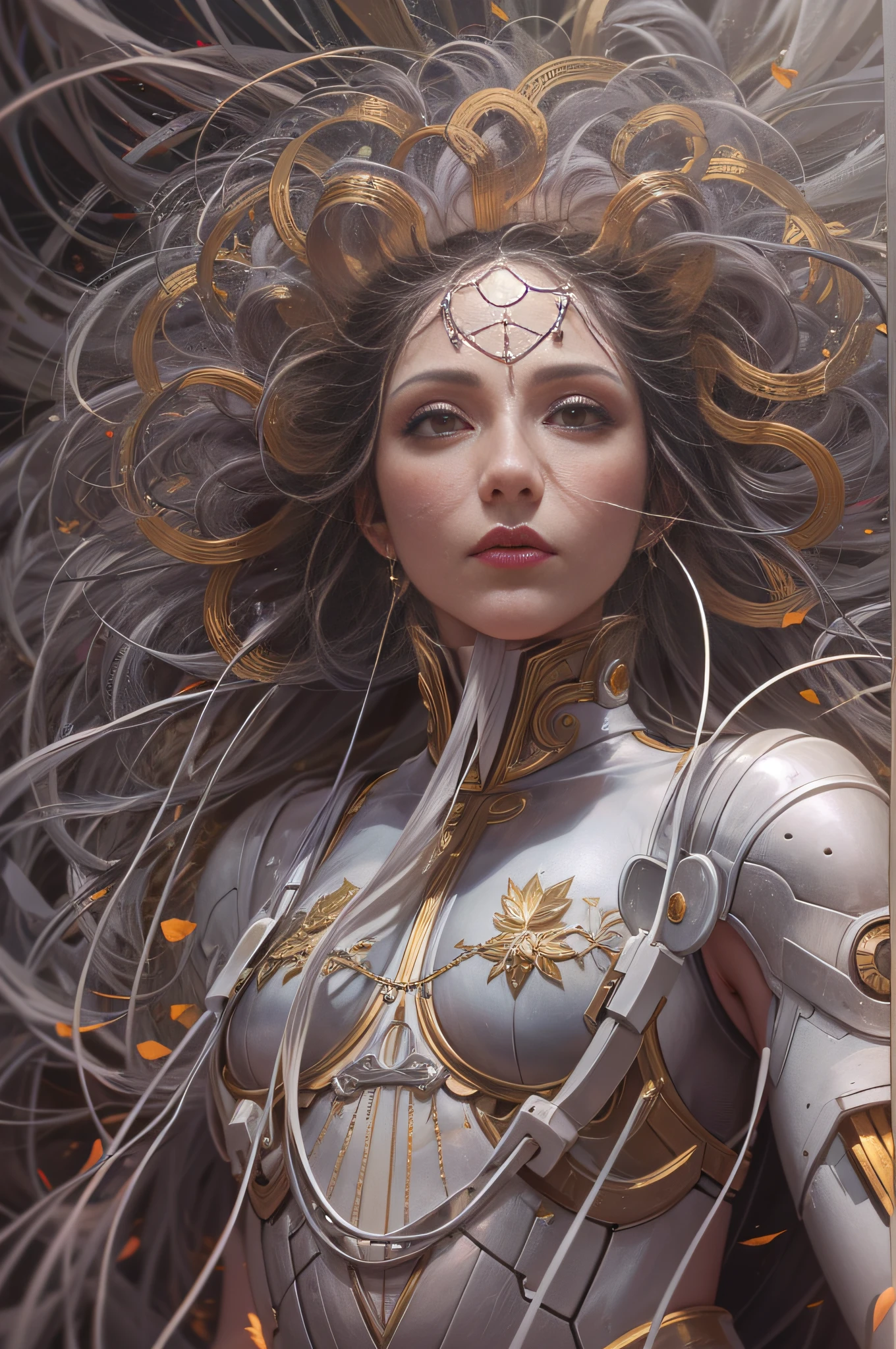 imagen intrincada llena de detalles, 8k, obra unica, rostro detallado, manos detalladas, cuerpo detallado, ser omnipotente, mujer levitando, ser divino, halo con luz enceguecedora, Made a cyborg, saliendo de ella cables por los pies, In his communion with the divine and his hair thousands of cables connected to the world wide web, Technological mix and divinity, a en perfecta coexistencia