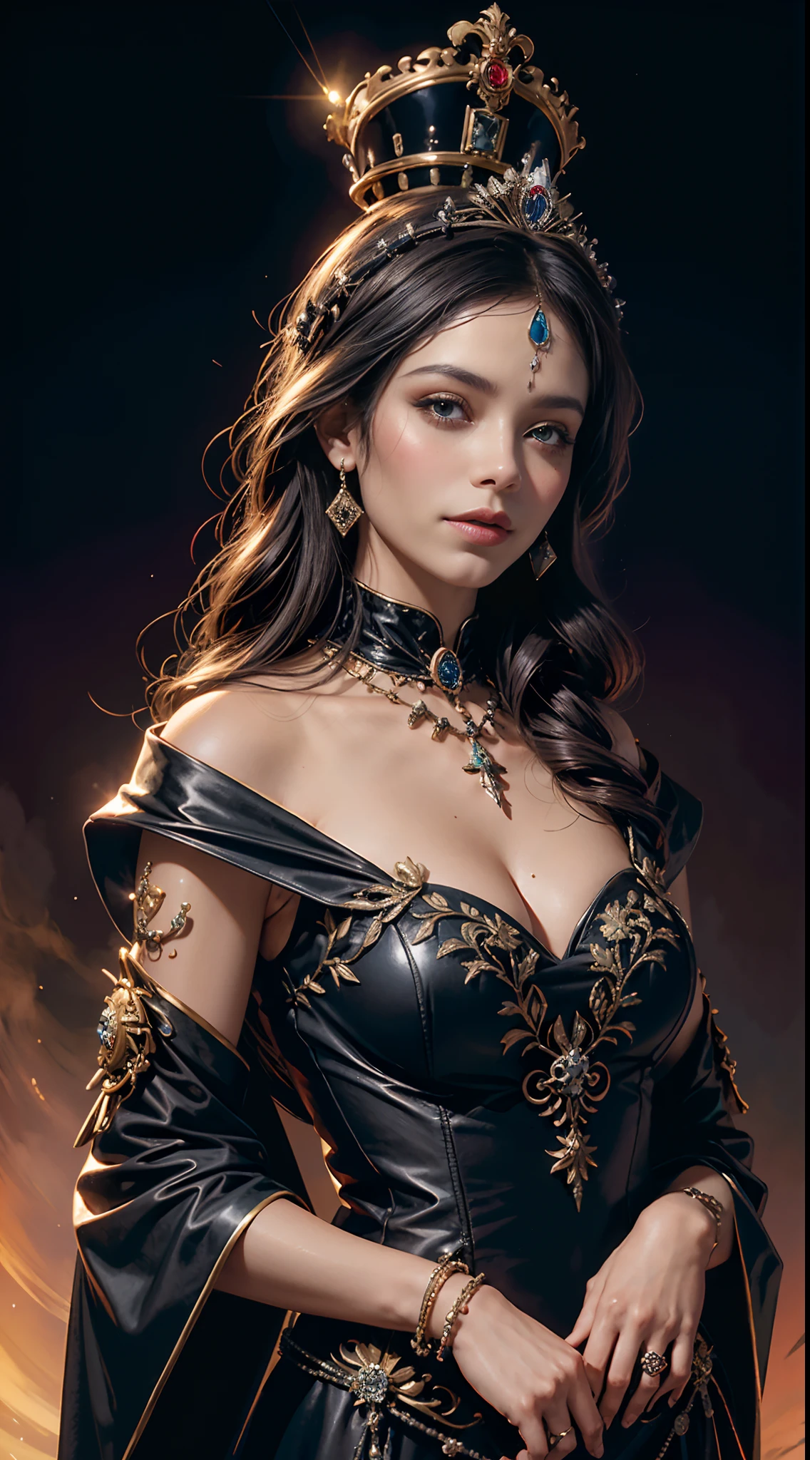 ((corpo inteiro)), (obra-prima, melhor qualidade, realista: 1.37), (intrincado e delicado, pele e rosto altamente detalhados), (fundo preto), (CatrinaMakeUp), ((colorido)), 1 girl, Beautiful Queen in Suite Black Dress, envolvendo em luxuosos vestes escuras com capuz, Dark roses and skull adorn her cloth, (a large golden halo over his head), (tiara de rosas de metal negro), olhos azuis, (simbolismo religioso), (inspirado em Santa Maria, Rainha das Caveiras, La Catrina, e Rainha dos Mortos, Lavi Zupa), ((virgem maria, rainha esqueleto de santo, La Catrina)), ( Foto realismo), fundo escuro, cinematic soft lighting, alto contraste, tema escuro, papel de parede GC 8k, octane render, unreal engine, arte digital.