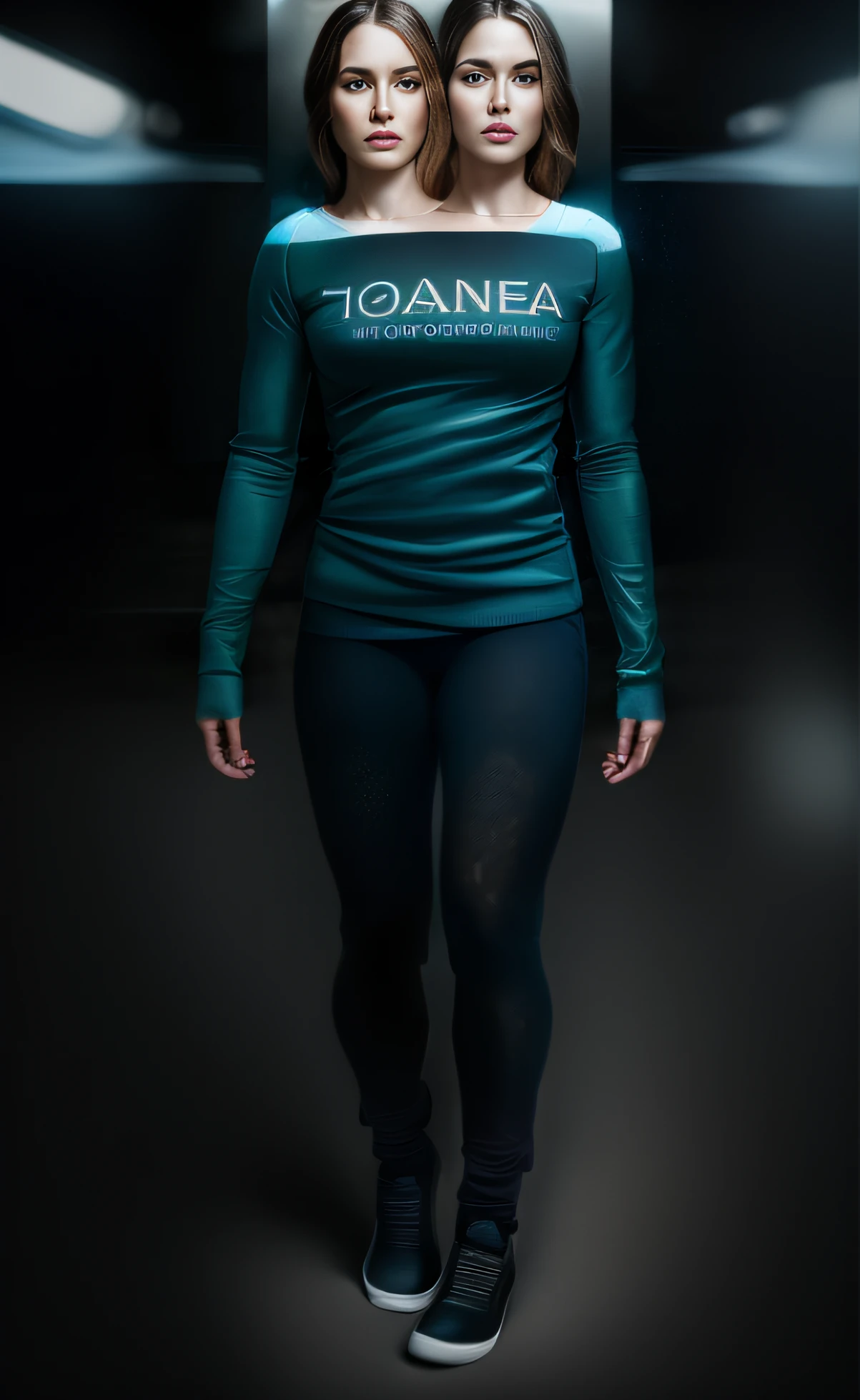 2heads, portrait photography, beautiful young woman looking off camera in futuristic jacket, 21 years old, super realistic face, eyes visible through hair, proper eye position, natural skin, soft light, hips, detailed background, intricate , highly detail, octane render, HD, 8k, by Annie Leibovitz,120mm
