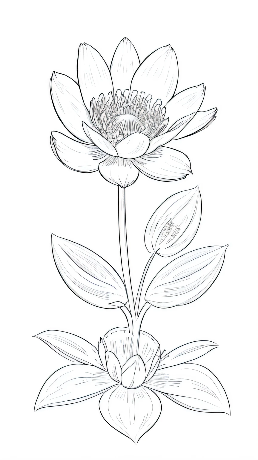 Blossoming Serenity flower, many flower, line drawing background, white background, monochrome, line drawing, ((sketch))