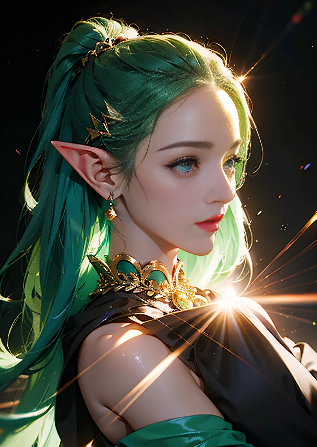 1girl in, elf-ears, Elven Princess, Green hair, Gradient Hair, Long hair, hair messy, Dreadlocks, hair clips, Hair Ornament, Jewelry, forehead gem, Hood down, star-shaped pupils, Gradient Eyes, aqua eyes, pointy ear, crystal earrings, Serious, Bright pupils, flustered, Anime, Anime style, Anime, Anime, spark of light, Glowing light, reflective light, vignetted, Reference Sheet, From Side, Lens Flare, ((masutepiece)), masutepiece, Anatomically correct, Super Detail, High quality, high details, Best Quality, 4K, 8K, 16 K, hard disk, nffsw