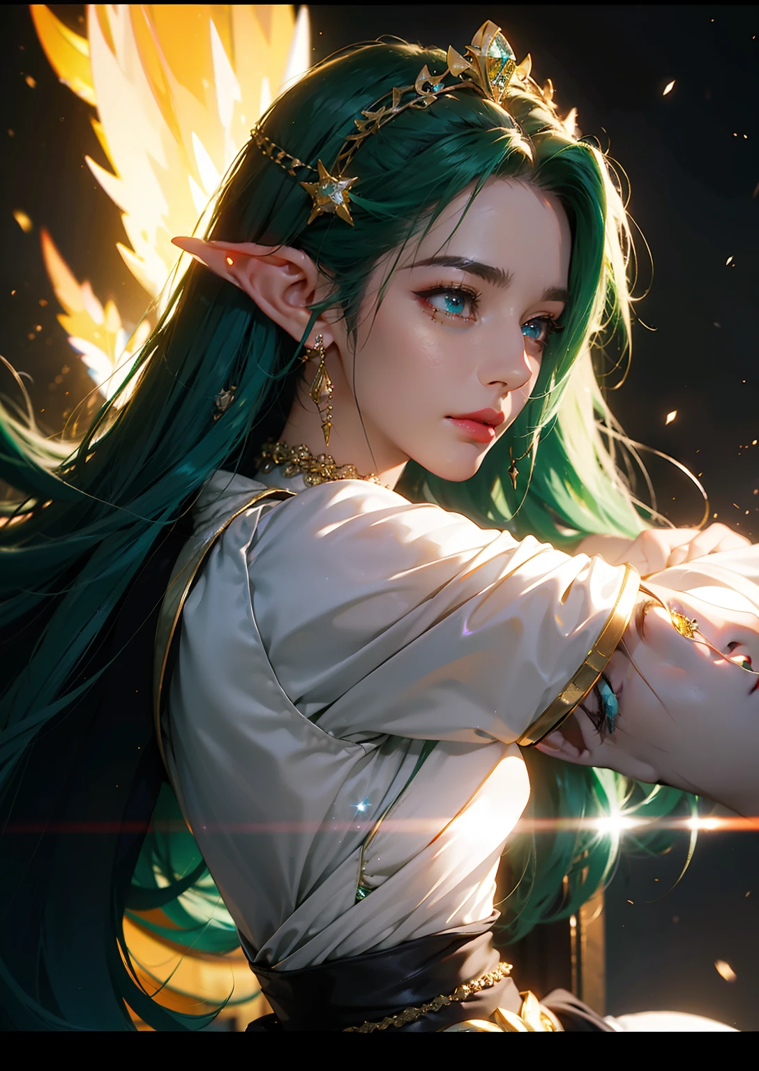 1girl in, elf-ears, Elven Princess, Green hair, Gradient Hair, Long hair, hair messy, Dreadlocks, hair clips, Hair Ornament, Jewelry, forehead gem, Hood down, star-shaped pupils, Gradient Eyes, aqua eyes, pointy ear, crystal earrings, Serious, Bright pupils, flustered, Anime, Anime style, Anime, Anime, spark of light, Glowing light, reflective light, vignetted, Reference Sheet, From Side, Lens Flare, ((masutepiece)), masutepiece, Anatomically correct, Super Detail, High quality, high details, Best Quality, 4K, 8K, 16 K, hard disk, nffsw