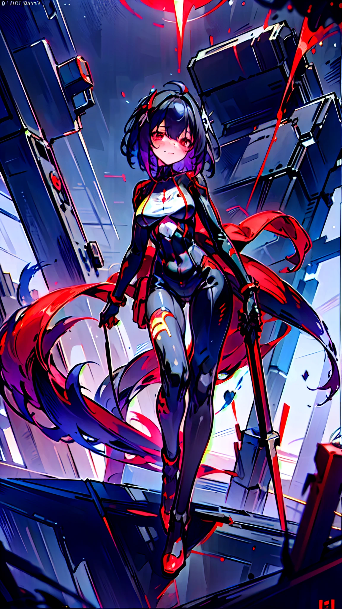 wince, long eyelasher, solid circle eyes, Light smile, Ear blush, devil pupils, Red eyes, Tears, Empty eyes, Dark blue hair, hair between eye, Short hair, huge ahoge, Mad eyes, bandage on, bandage over one eye, Smile, Sad, Crying, ripped apart, expressionless eyes, surrealism, shadowing, anaglyph, stereograms, tachi-e, angle of view, Atmospheric perspective, Chiaroscuro, Cinematic lighting, 8K, Super detail, ccurate, Best quality, hyper HD, retinas, Masterpiece, Textured skin, Award-Awarded, A high resolution, Best quality, Super detail, best qualtiy, 8K, digitial painting,1girll, 独奏, standing on your feet, hair adornments, Red eyes, , blood stain, mechanicalparts, electrical wires, electric cables, Failure effect, terroral, sci-fy, A futuristic, background inside dark, neonlight, cyber punk perssonage, hyper realisitc, eerie, unnerving, spine-chilling, terroral, onesie,Red eyes,Venom possession,Blackened,long black gloves,Jumpsuits,Skinny one-piece latex clothing,Highlight her gorgeous figure,Wrap the whole body,symbiote,((Raised sexy)),onesie,Red eyes,Venom possession,Blackened,long black gloves,Jumpsuits,Black latex clothing,Blood-red eyes,Best quality, high resolution, Ultra-detailed, Vivid texture, Mask, Skinny one-piece latex clothing, bangs,Purple hair,Wear socks,Tears,anklet,washes,Blackened,Wrapped in black slime,A sad expression,Say goodbye to the gaze,Red coat,long eyelasher, solid circle eyes, Light smile, Ear blush, Red eyes, Tears, Empty eyes, Dark blue hair,Red coat,bleed,,The legs were covered with bandages,The legs were covered with bandages,The whole body is covered with bandages,Anime girl in red cape