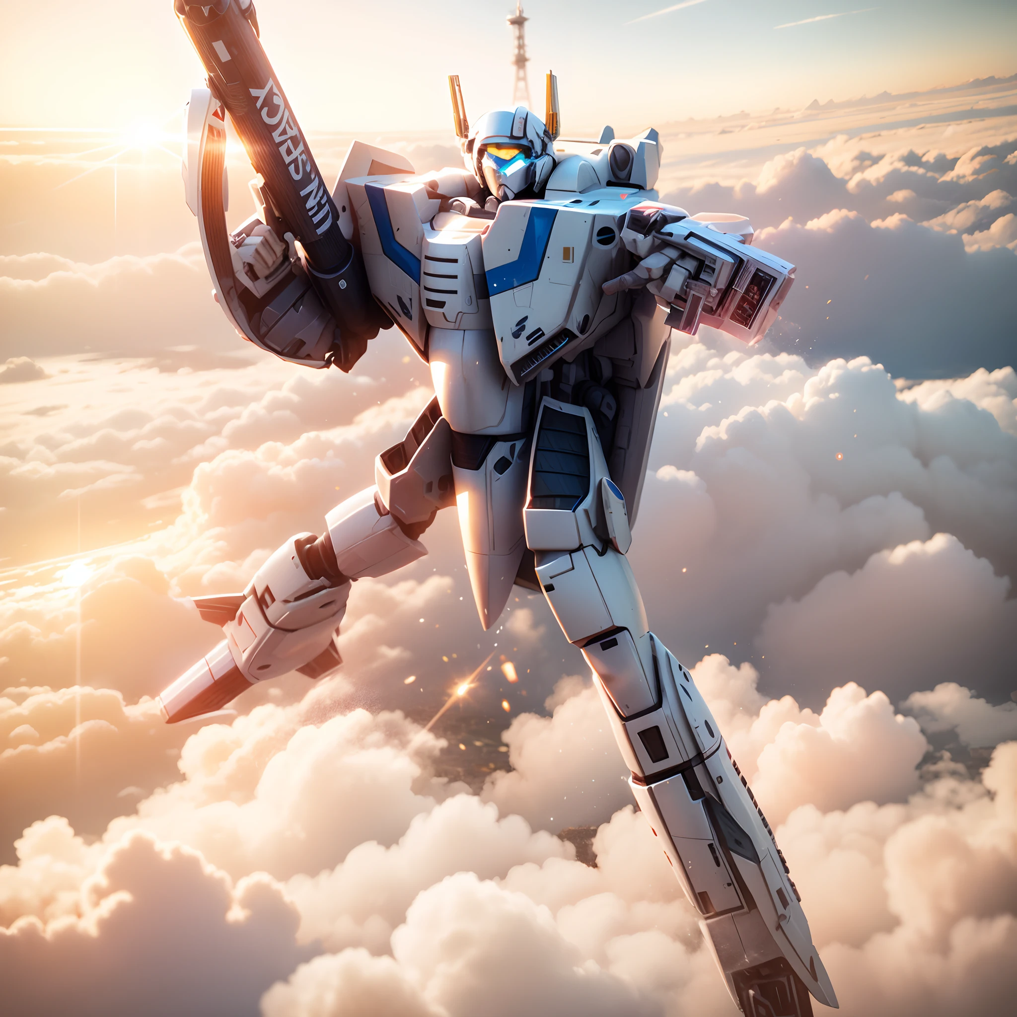 (Masterpiece: 1.3), (8k, Photorealistic, Photo RAW, Best quality: 1. 4), (UHD), (Ultra high realism), (Ultra high definition), (Ultra high detail), (Increase contrast), (Increase saturation), A close-up of a Valkyrie gun with a gun on it, VF-1S Jetfire, Robotech style, Macross style, macross, macross, Jetfire, f - 9 1 / 1 2 5, Macross Franchise, Bandai Macross box art, Gunpla, Mecha action figure, Masterpiece details, Masterpiece cannon, Jetfire, stands on a street that in the background you see the city of san francisco in the starry night by the explosions of battles in in space, Shot in 70mm, 8k, Photorealistic, --q 5 --ar 16: 9 --v 4, HQ, 8K (film grain: 1.3), 8k UHD, DSLR, soft lighting, high quality, HDRI, Fujifilm XT3