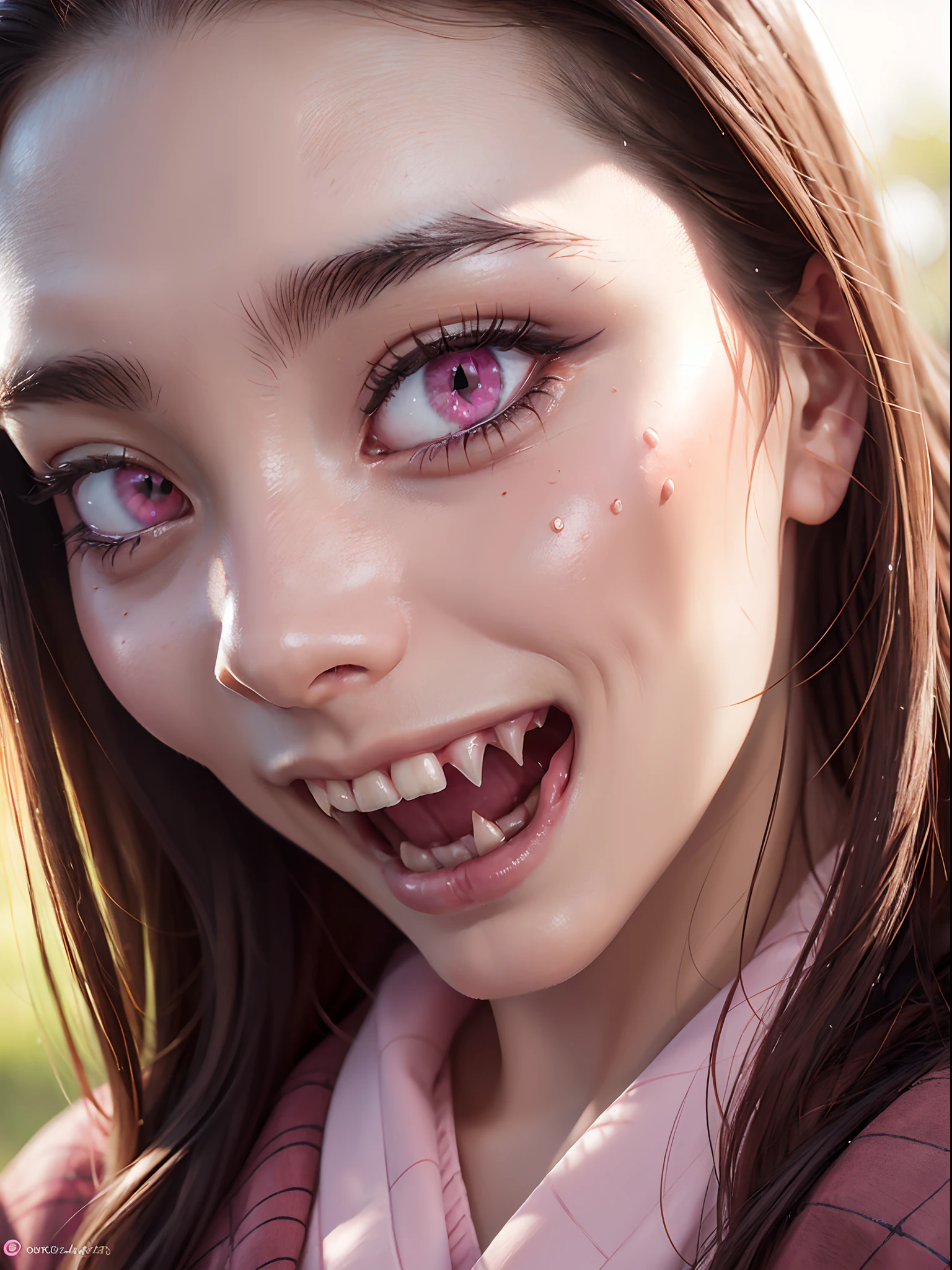 (masterpiece, best quality:1.4), (close up:1.5), (showing demon teeths:1.5), 1girl, solo, (european youth:1), , kamado nezuko, 1girl, bamboo, bit gag, brown hair, (checkered sash:1), gag, gagged, gradient hair, hair ribbon, (pink haori), japanese clothes, (black kimono:1.2), long hair, looking at viewer, multicolored hair, orange hair, (pink eyes:1.4), pink kimono, pink ribbon, ribbon, solo, beautiful face, highly detailed face, highly detailed skin, highly detailed eyes, skin pores, subsurface scattering, realistic pupils, medium breast, full face blush, full lips, detailed background, depth of field, volumetric lighting, sharp focus, absurdres, realistic proportions, good anatomy, (realistic, hyperrealistic:1.4), 16k hdr,