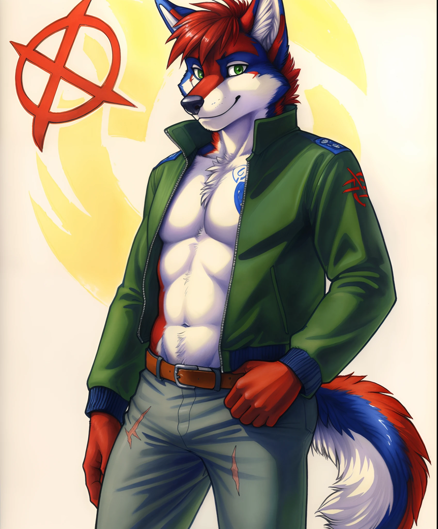 masterpiece, anthro, solo, gradient_background,
anthro (canine, husky),
(by ewgengster \(artist\), by ruaidri, by sicklyhypnos, by tush, by daigaijin, by nirvana3, by ryuuzenga, by longinius, by toots, by blotch), (traditional media \(artwork\)):1.25,
(clothed, scars, red_hair, green_eyes, pants, jacket, pupils, curled_tail, tail, 5_fingers):1.25, (runes, sigils, symbols):1.5,