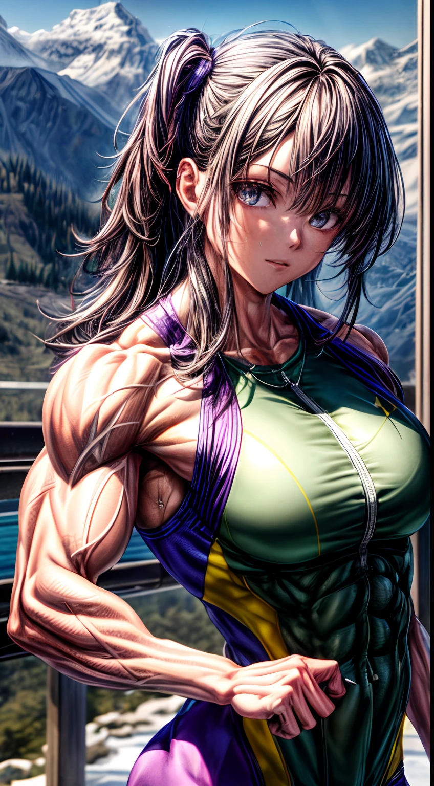 (BEST lighting) , (ultra intricately detailed) , 4K unification, (super-detailed CG: 1.2) , (8K: 1.2),(Original), (Masterpiece) , (Best quality),(Masterpiece:1.4),Anime-ish high quality,(Masterpiece),Masterpiece, Best quality, absurderes,((masterpeace, 4K, 8K, Yes, A high resolution))1girll, She was hiking a mountain,Head to a mountain resort, hiking clothes, Spring, Boots, Perfect figure, Short purple asymmetrical hair, Sweat, Dynamic pose, ((body builder:1.5)),Temple background,(Beautiful bace),(Girl),(Female),(((Upper body:1)))