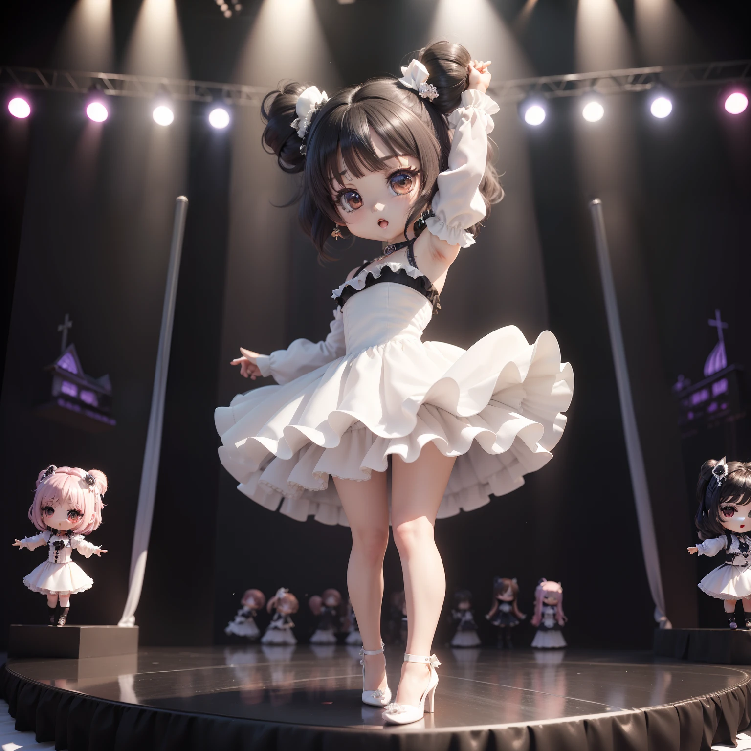 (((chibi 3d))) Very cute and beautiful chibi anime solo,
Black eyes、long lashes、Layer cut hairstyles in dark colors,White heart-shaped earrings,
White dress with lots of frills,Filled sleeve,White pumps,live house,stage,Sing a song、holding the mic,
Idol singer。