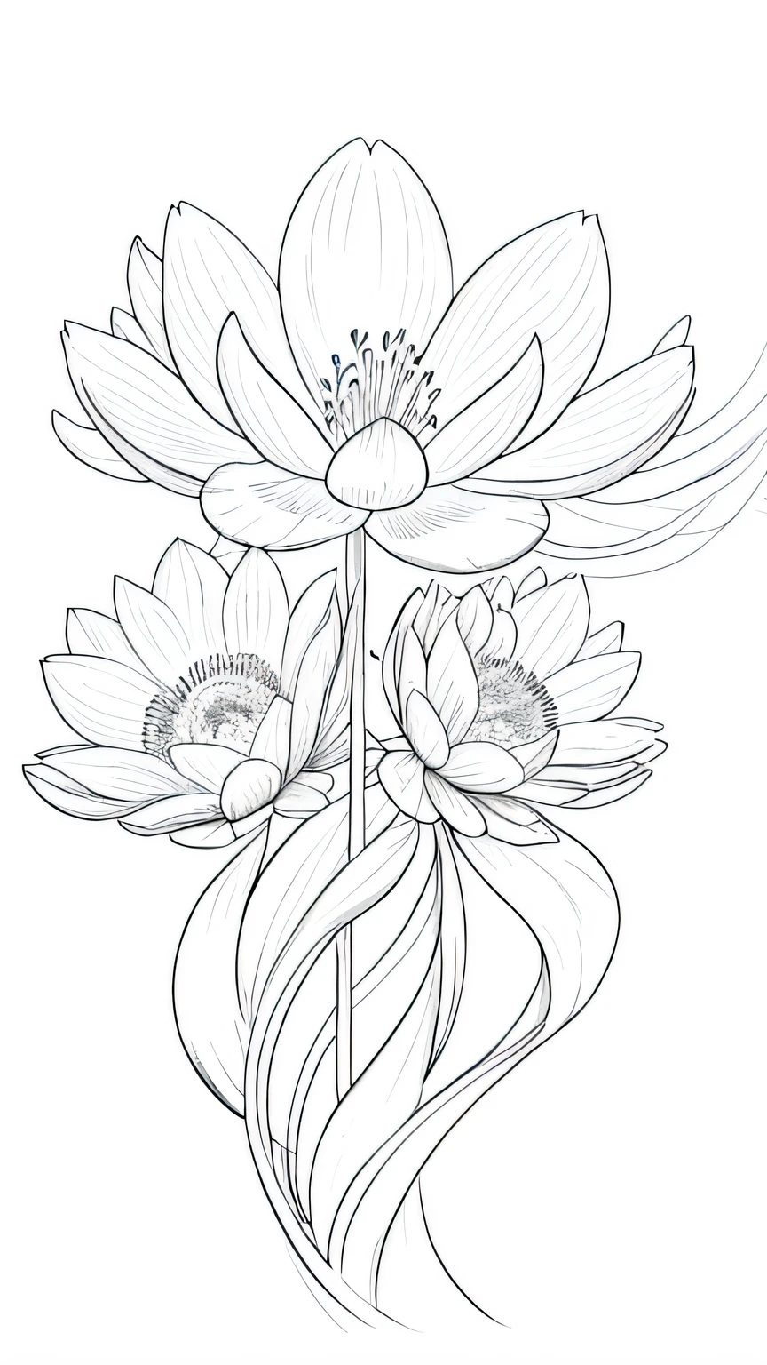 Blossoming Serenity flower, floral, many flower, line drawing background, white background, monochrome, line drawing, ((sketch))