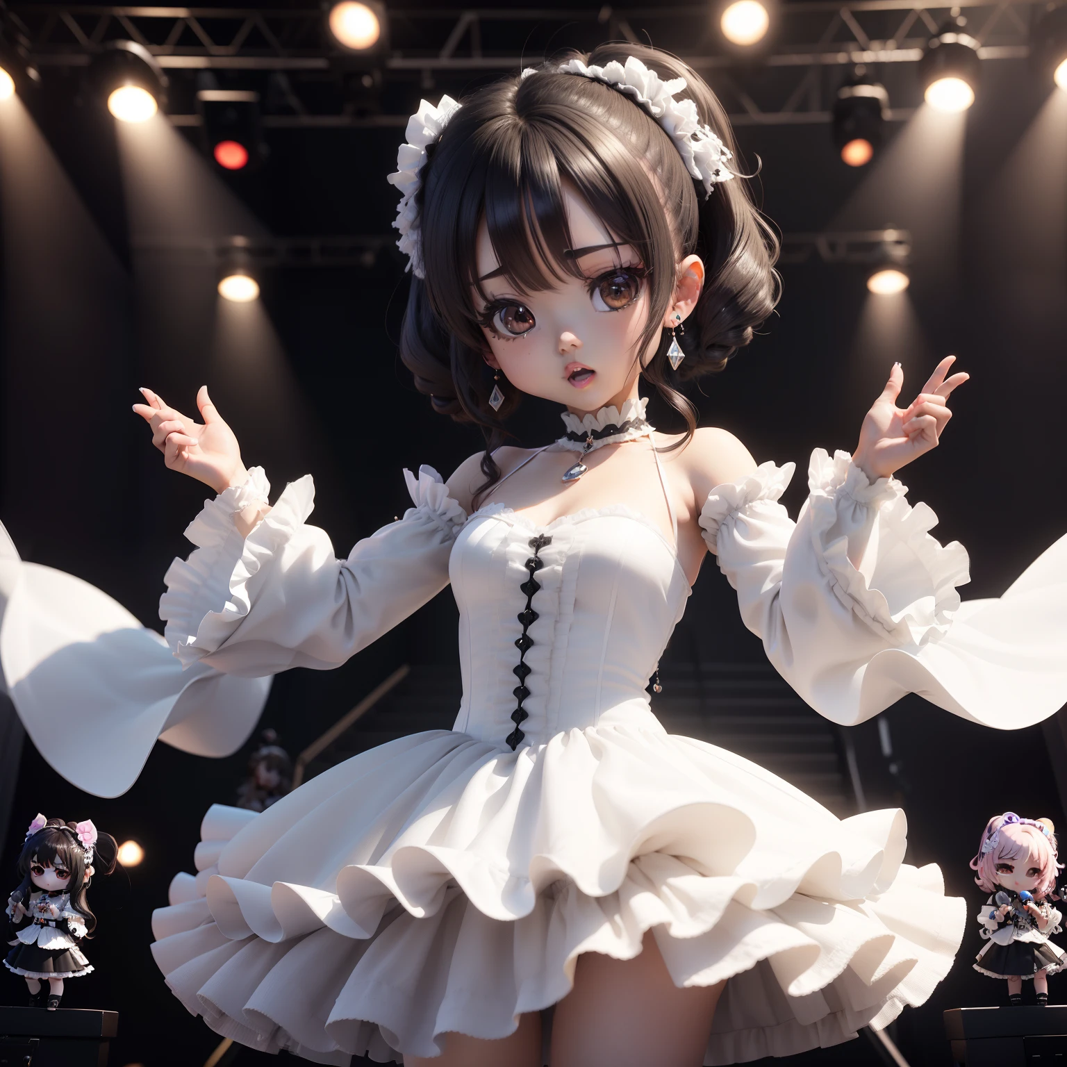 (((chibi 3d))) Very cute and beautiful chibi anime solo,
Black eyes、long lashes、Layer cut hairstyles in dark colors,White heart-shaped earrings,
White dress with lots of frills,Filled sleeve,White pumps,live house,stage,Sing a song、holding the mic,
Idol singer。