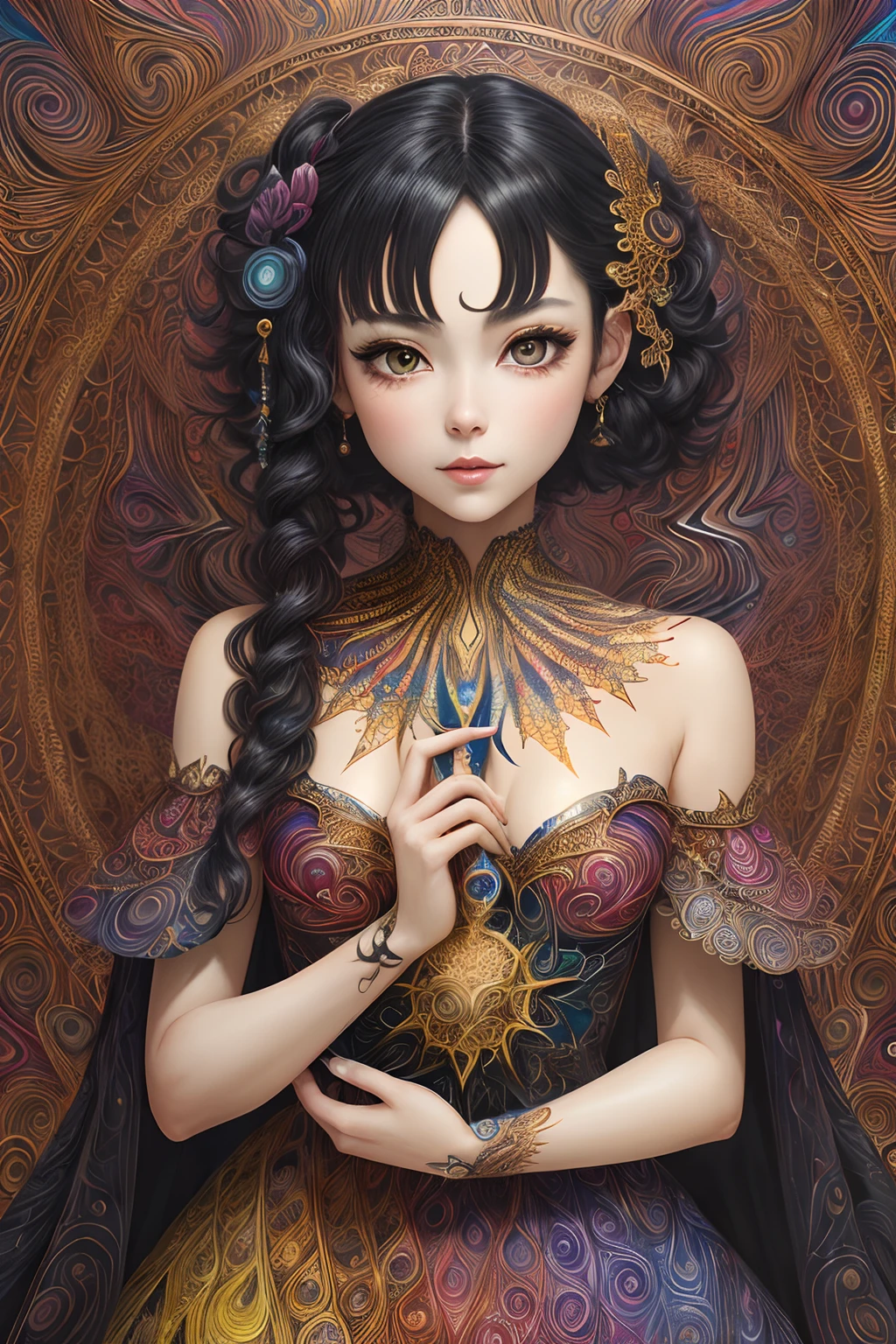 (masterpiece, top quality, best quality, official art, beautiful and aesthetic:1.2), (1girl:1.3), extremely detailed,(fractal art:1.2),colorful,highest detailed,(zentangle:1.2), (dynamic pose), (abstract background:1.5), (treditional dress:1.2), (shiny skin), (many colors:1.4), upper body, masterpiece, best quality,high quality,highres, 16K,RAW,ultra highres,ultra details,finely detail,an extremely delicate and beautiful,extremely detailed,real shadow, anime,highly detailed painted,award winning glamour paintting,wonderful paintting,art style,stylized,
