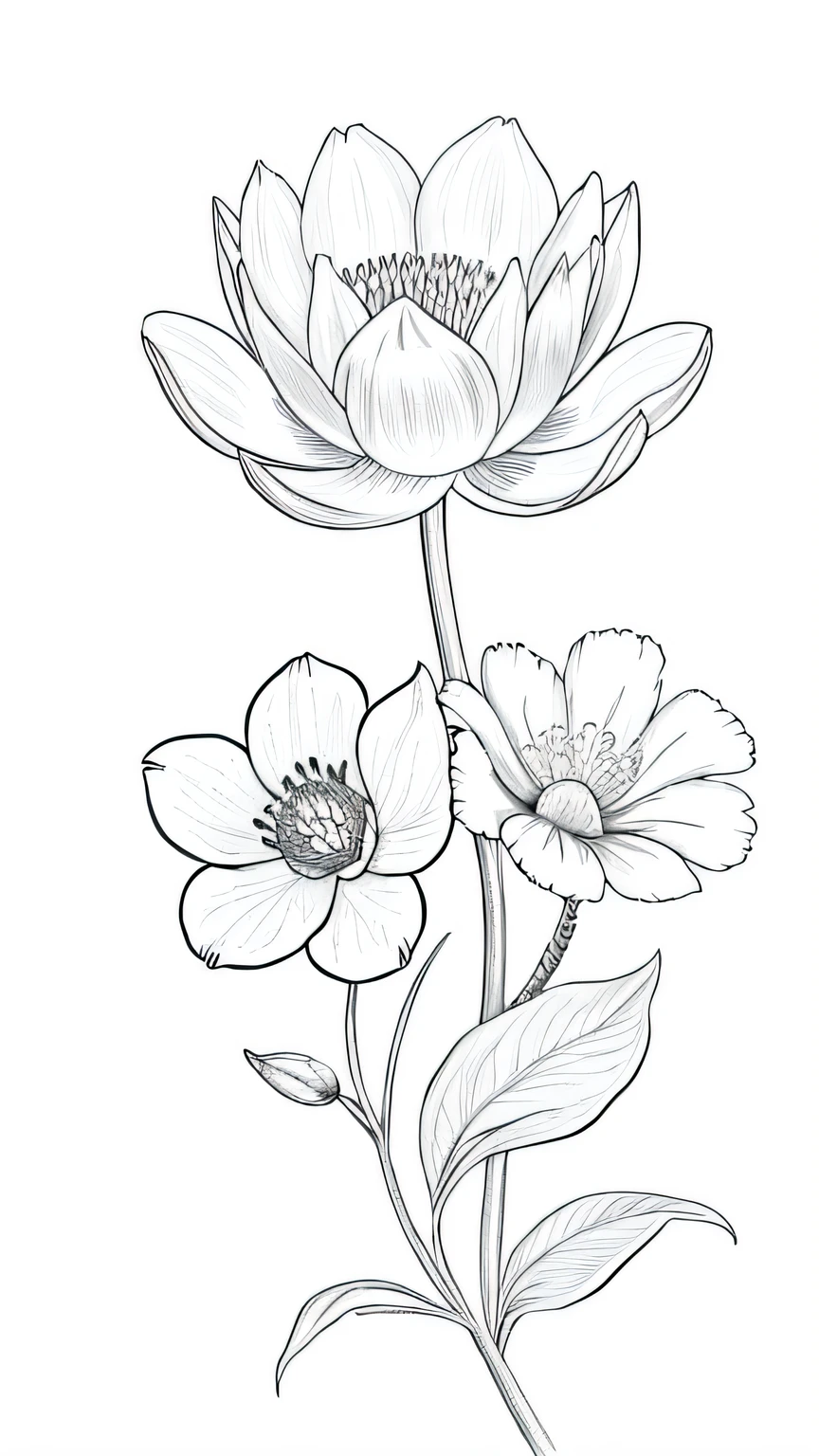 Blossoming Serenity flower, floral, many flower,  line drawing background, white background, monochrome, line drawing, ((sketch))