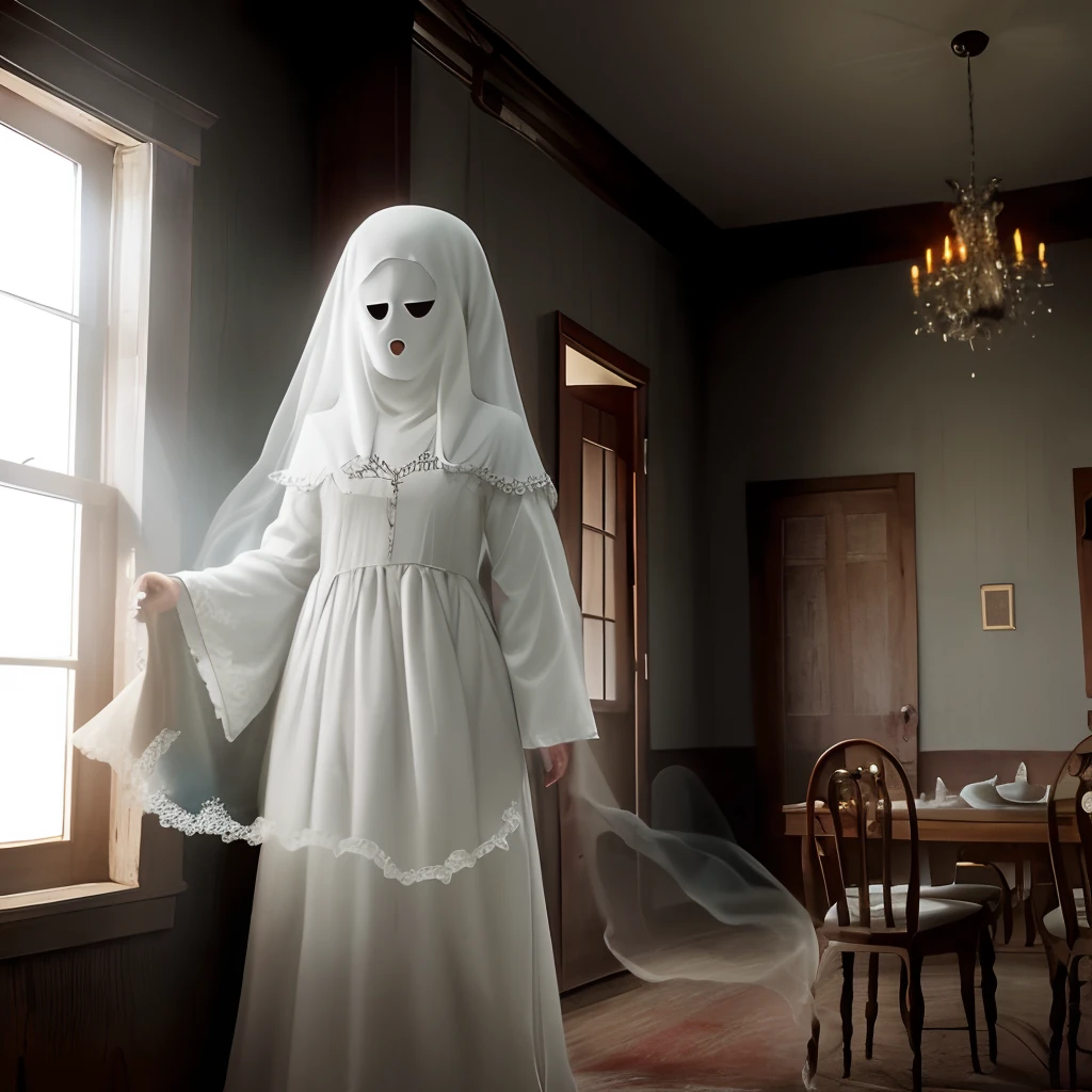 Arafed Girl, with a white dress and veil standing in a room, Pale Young Ghost Girl, la llorona, rostro difuminado, translucid, Imagen espeluznante espiritual espeluznante, Yoko Taro, southern gothic art, ghost mask, terrifying :7, fantasma aterrador, horror photography, ghost of a young girl, Retrato de Sadako del Anillo, El estilo de conjuro, Lori Earley