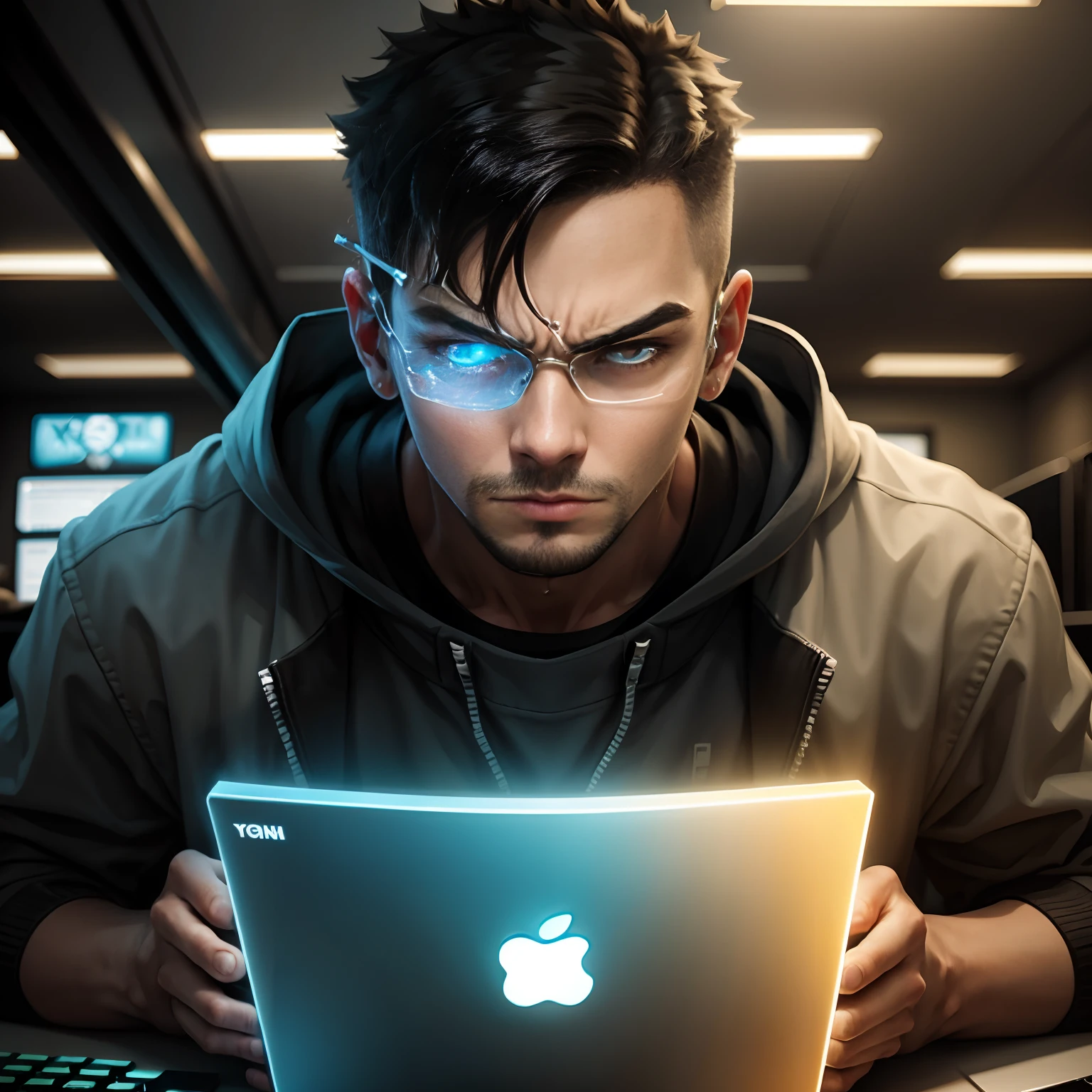 24 year old boy with glass computer hacker angry look