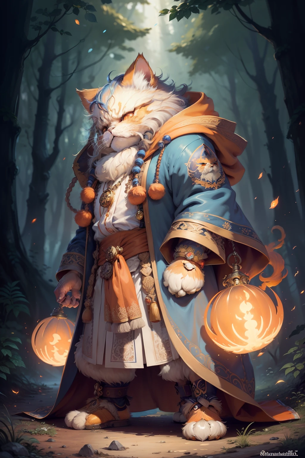 Hyper-detailed painting, Jean-Baptiste Monge style, persian cat Anthropomorphic, mage, ,, , (extremely intricate robes, magical robes orange and blue  ),, ,, , highest quality,, very angry face, body fitness, full body, long hair with braids, at night in the forest with fireflies,