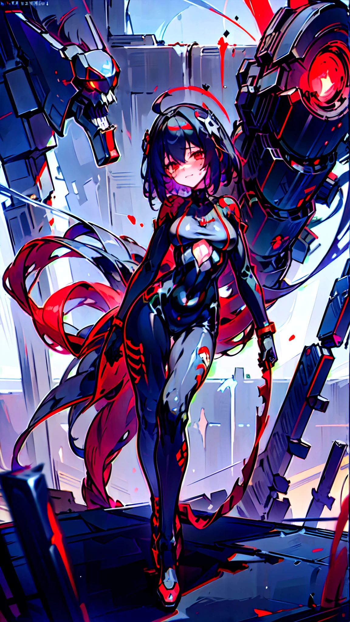 wince, long eyelasher, solid circle eyes, Light smile, Ear blush, devil pupils, Red eyes, Tears, Empty eyes, Dark blue hair, hair between eye, Short hair, huge ahoge, Mad eyes, bandage on, bandage over one eye, Smile, Sad, Crying, ripped apart, expressionless eyes, surrealism, shadowing, anaglyph, stereograms, tachi-e, angle of view, Atmospheric perspective, Chiaroscuro, Cinematic lighting, 8K, Super detail, ccurate, Best quality, hyper HD, retinas, Masterpiece, Textured skin, Award-Awarded, A high resolution, Best quality, Super detail, best qualtiy, 8K, digitial painting,1girll, 独奏, standing on your feet, hair adornments, Red eyes, , blood stain, mechanicalparts, electrical wires, electric cables, Failure effect, terroral, sci-fy, A futuristic, background inside dark, neonlight, cyber punk perssonage, hyper realisitc, eerie, unnerving, spine-chilling, terroral, onesie,Red eyes,Venom possession,Blackened,long black gloves,Jumpsuits,Skinny one-piece latex clothing,Highlight her gorgeous figure,Wrap the whole body,symbiote,((Raised sexy)),onesie,Red eyes,Venom possession,Blackened,long black gloves,Jumpsuits,Black latex clothing,Blood-red eyes,Best quality, high resolution, Ultra-detailed, Vivid texture, Mask, Skinny one-piece latex clothing, bangs,Purple hair,Wear socks,Tears,anklet,washes,Blackened,Wrapped in black slime,A sad expression,Say goodbye to the gaze,Red coat,long eyelasher, solid circle eyes, Light smile, Ear blush, Red eyes, Tears, Empty eyes, Dark blue hair,Red coat,bleed,,The legs were covered with bandages,The legs were covered with bandages,The whole body is covered with bandages,Anime girl in red cape
