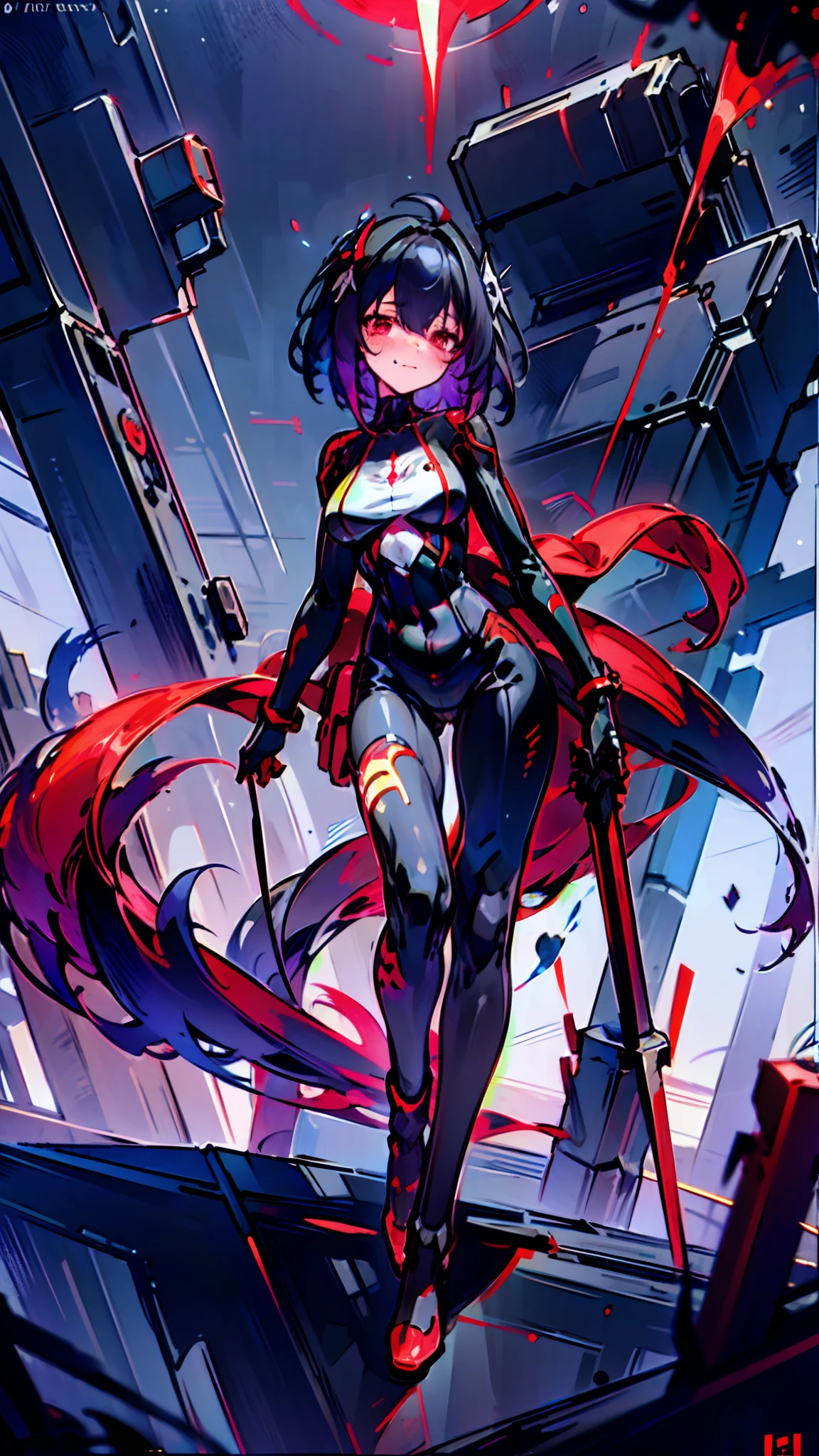 wince, long eyelasher, solid circle eyes, Light smile, Ear blush, devil pupils, Red eyes, Tears, Empty eyes, Dark blue hair, hair between eye, Short hair, huge ahoge, Mad eyes, bandage on, bandage over one eye, Smile, Sad, Crying, ripped apart, expressionless eyes, surrealism, shadowing, anaglyph, stereograms, tachi-e, angle of view, Atmospheric perspective, Chiaroscuro, Cinematic lighting, 8K, Super detail, ccurate, Best quality, hyper HD, retinas, Masterpiece, Textured skin, Award-Awarded, A high resolution, Best quality, Super detail, best qualtiy， 8K， digitial painting,1girll， 独奏， standing on your feet， hair adornments， Red eyes， ， blood stain， mechanicalparts， electrical wires， electric cables， Failure effect， terroral， sci-fy， A futuristic， background inside dark， neonlight， cyber punk perssonage， hyper realisitc， eerie， unnerving， spine-chilling， terroral， onesie，Red eyes，Venom possession，Blackened，long black gloves，Jumpsuits，Skinny one-piece latex clothing，Highlight her gorgeous figure,Wrap the whole body，symbiote，（（Raised sexy）），onesie，Red eyes，Venom possession，Blackened，long black gloves，Jumpsuits，Black latex clothing，Blood-red eyes，Best quality, high resolution, Ultra-detailed, Vivid texture, Mask, Skinny one-piece latex clothing, bangs,Purple hair，Wear socks，Tears，anklet，washes，Blackened，Wrapped in black slime,A sad expression,Say goodbye to the gaze，Red coat,long eyelasher, solid circle eyes, Light smile, Ear blush, Red eyes, Tears, Empty eyes, Dark blue hair,Red coat,bleed,,The legs were covered with bandages,The legs were covered with bandages,The whole body is covered with bandages,Anime girl in red cape