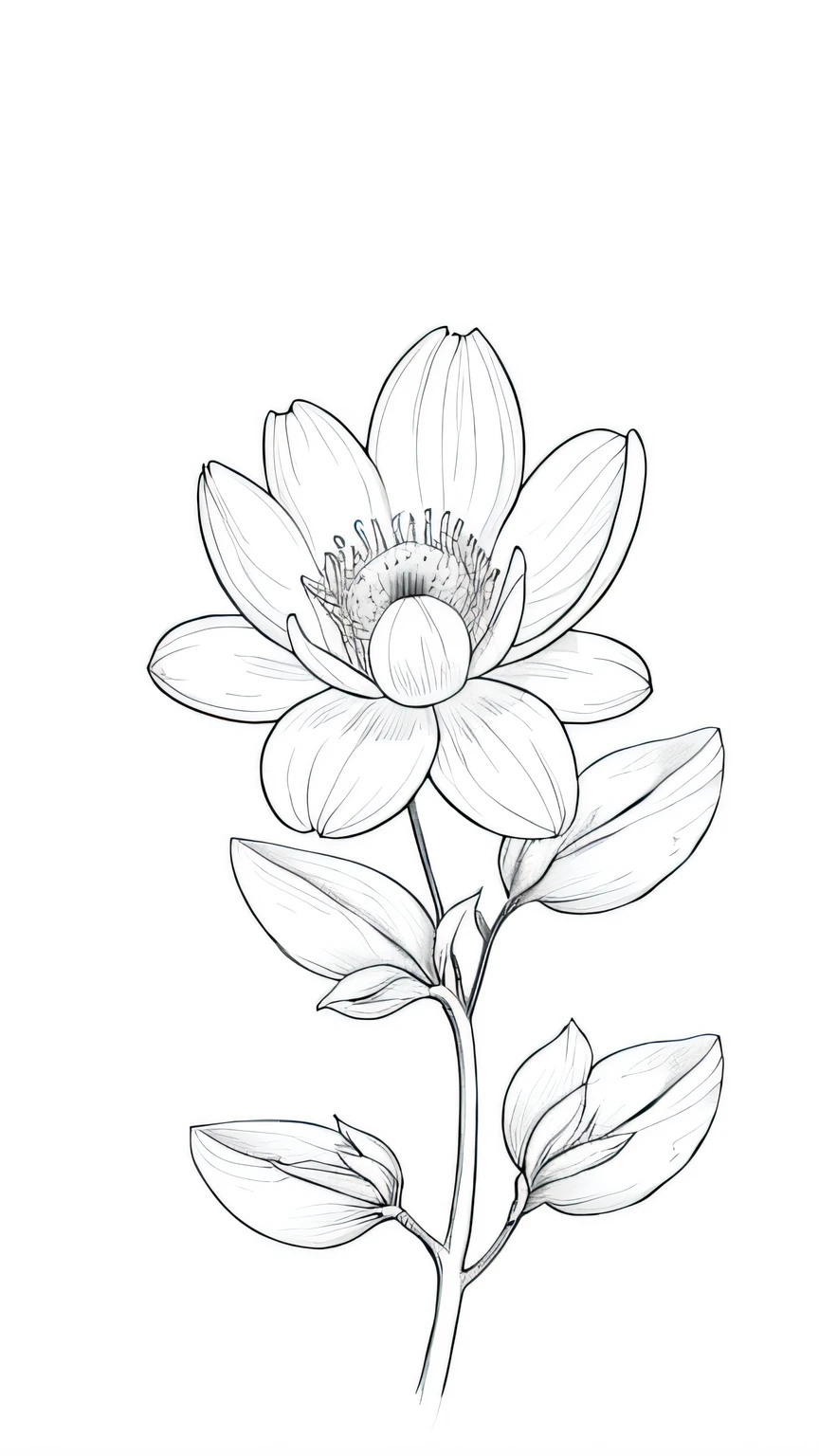 Blossoming Serenity flower, floral background, many flower, line drawing background, white background, monochrome, line drawing, ((sketch))
