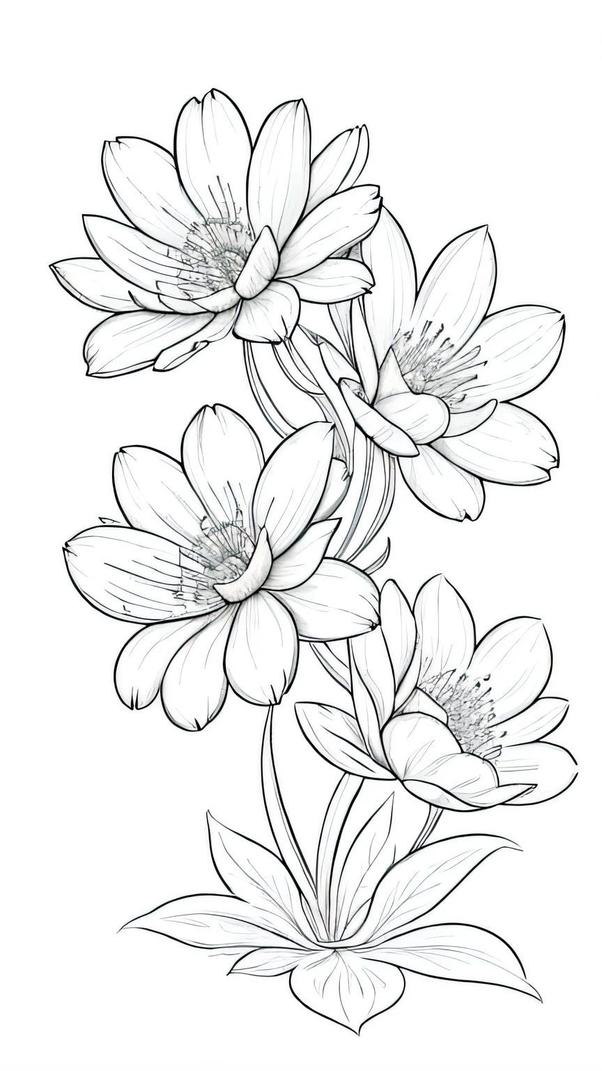 Blossoming Serenity flower, floral background, many flower, line drawing background, white background, monochrome, line drawing, ((sketch))