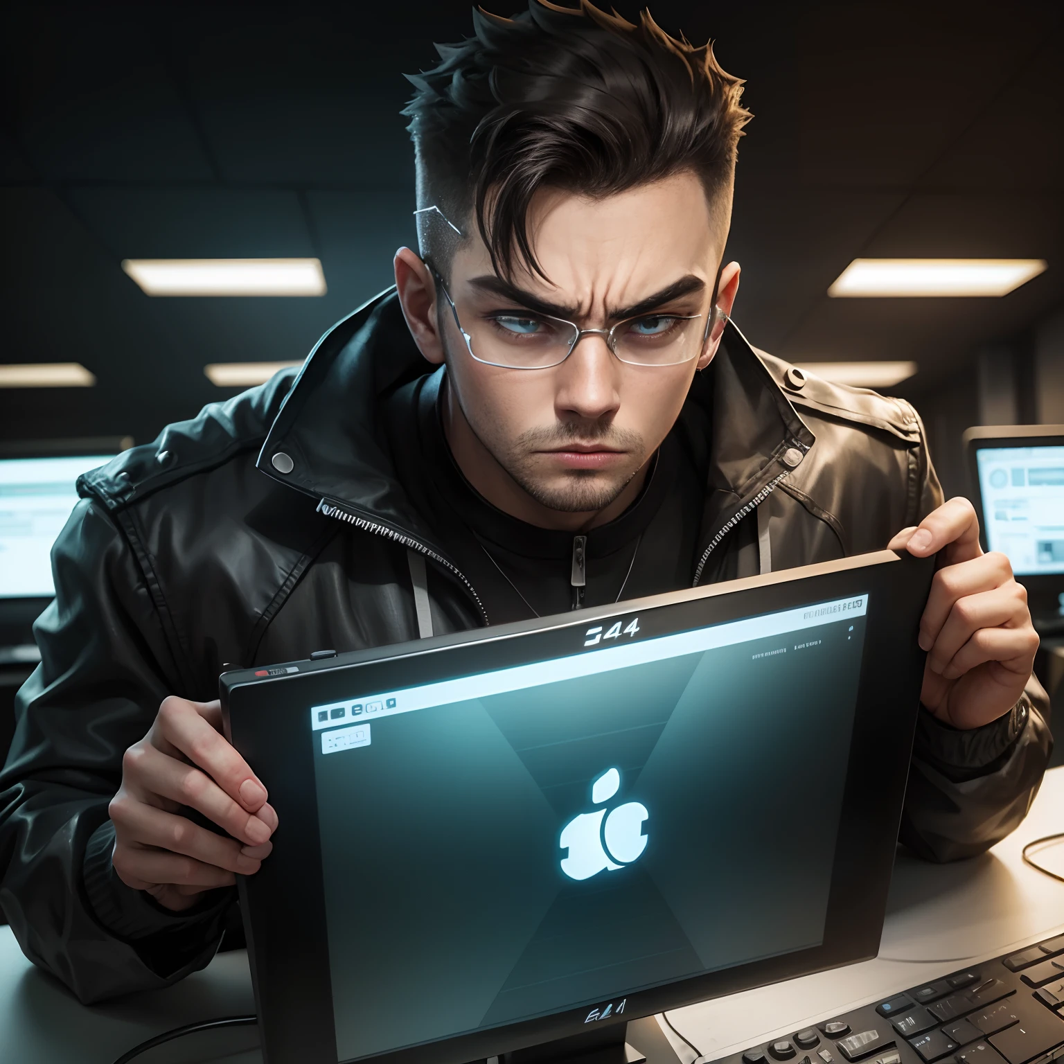 24 year old boy with glass computer hacker angry look