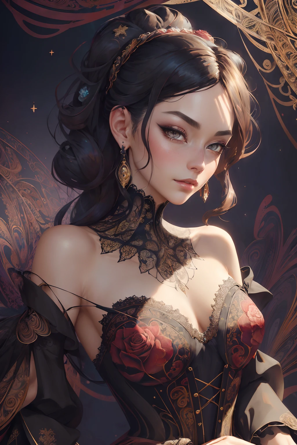 Generate a striking Victorian woman standing in front of beautiful, intricate glimmering damask silk wallpaper. Her face is stunning, with elegant cheekbones, an aristocratic nose, and puffy lips. Her eyes are extremely interesting with bold colors and realistic shading, including small details. Her gown is French silk, satin, and lace, adorned with ribbons, delicate embroidery, multiple layers, and rich colors. Include magical and extremely detailed roses in different shades of shimmering color. Include interesting, flowing, and realistic hair. Draw heavy inspiration from Victorian-era fashion. Include many small details such as stars, glitter, shimmer, jewelry, and beautiful filigree. This is a heavily stylized image with high visual interest and subtle abstract detailing. Ornate, small details, elegance, beautiful, stunning, best image ever, extremely detailed,(fractal art:1.2),colorful,highest detailed,(zentangle:1.2), (dynamic pose), (abstract background:1.5), (many colors:1.4), upper body, masterpiece, best quality,high quality,highres, 16K,RAW,ultra highres,ultra details,finely detail,an extremely delicate and beautiful,extremely detailed,real shadow, anime,highly detailed painted,award winning glamour paintting,wonderful paintting,art style,stylized,
