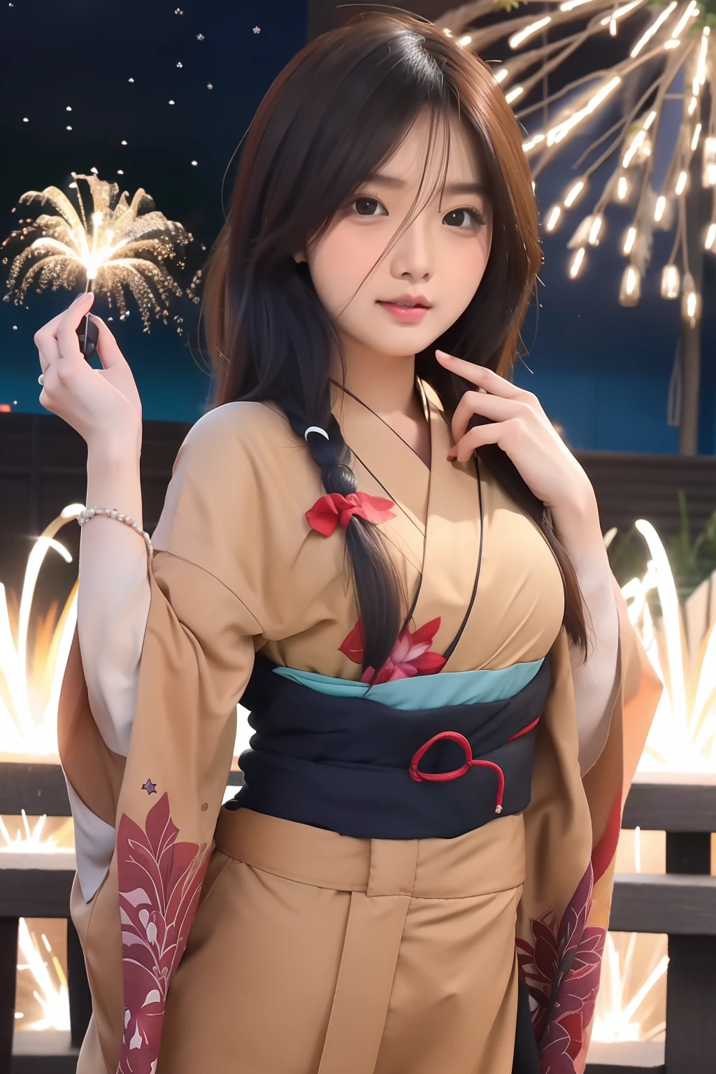 hanabi Hyuga. seorang wanita sedang berdiri di rooftop. dengan pemandangan langit penuh kembang api. dia memakai kimono berwarna kuning tua dengan ikat perut berwarna hitam hijau. rambutnya berwarna coklat di kepang dua kiri dan kanan.dia juga memegang sebuah kembang api di tangan kanannya. kulitnya begitu putih. dan dia menatap ke arah kamera. dia terlihat begitu anggun cantik dan ealistis