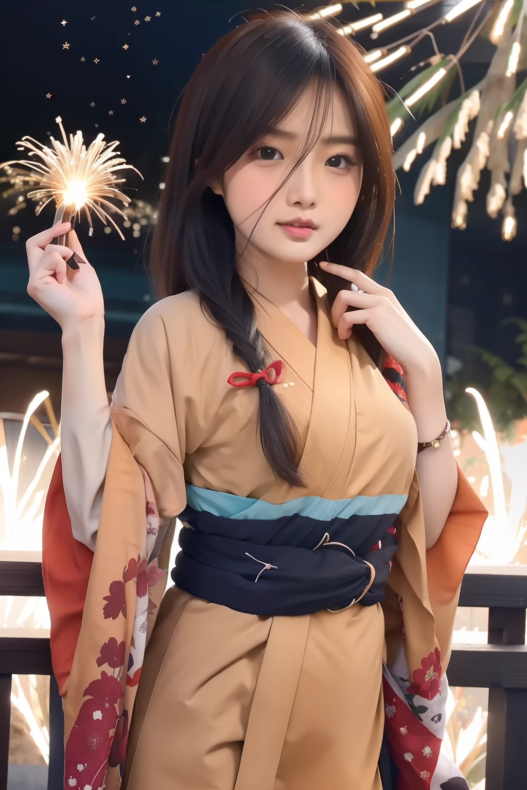 hanabi Hyuga. seorang wanita sedang berdiri di rooftop. dengan pemandangan langit penuh kembang api. dia memakai kimono berwarna kuning tua dengan ikat perut berwarna hitam hijau. rambutnya berwarna coklat di kepang dua kiri dan kanan.dia juga memegang sebuah kembang api di tangan kanannya. kulitnya begitu putih. dan dia menatap ke arah kamera. dia terlihat begitu anggun cantik dan ealistis