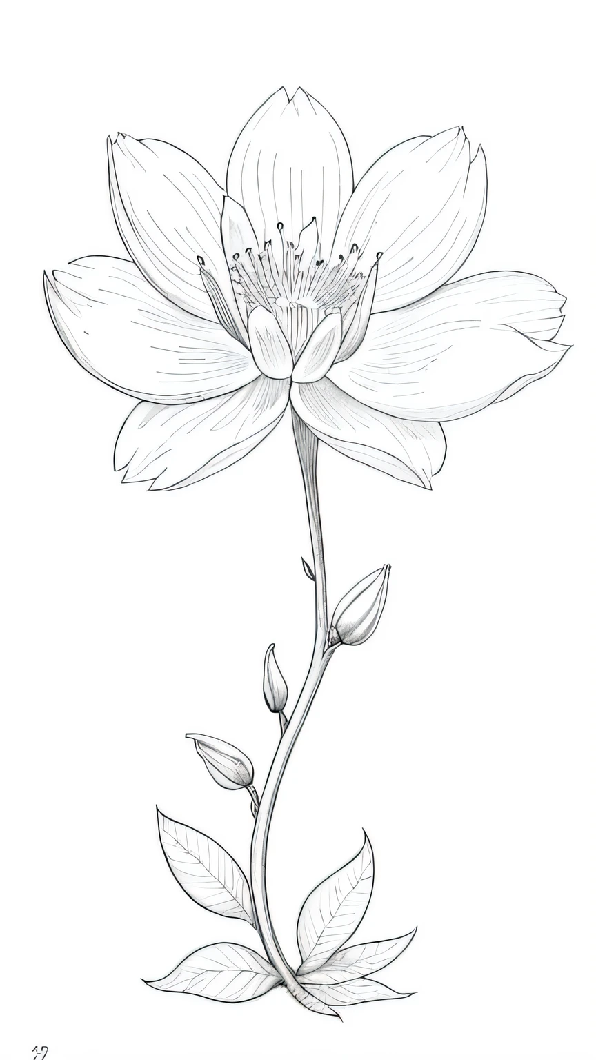 Blossoming Serenity flower, floral background, many flower,  line drawing background, white background, monochrome, line drawing, ((sketch))