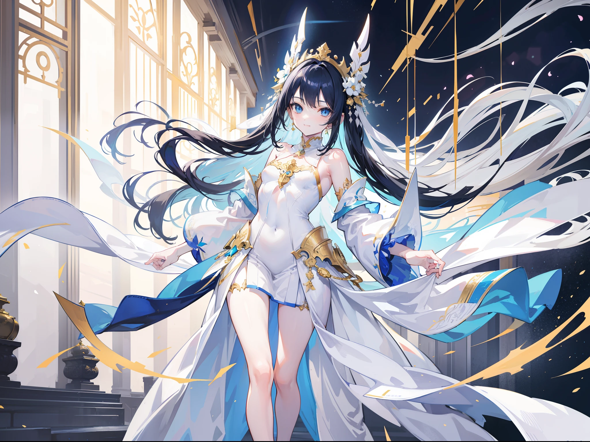Anime teen girl, White and blue dress, blue hand and thigh decorations, black hair, hair accessories, blue eyes, gold ear decorations, nose, smiling, pale skin, feet accessories, neck, shoulders, small chest, arms, hands emitting energy, thin waist, legs, big thigh, bare round feet, cute, gold stripes on dress, white marble floor in a temple, standing dominantly, cinematic light, high resolution, highest quality, ultra detailed, detailed face, (detailed eyes), best quality, hyper detailed, masterpiece, (detailed face), clean face