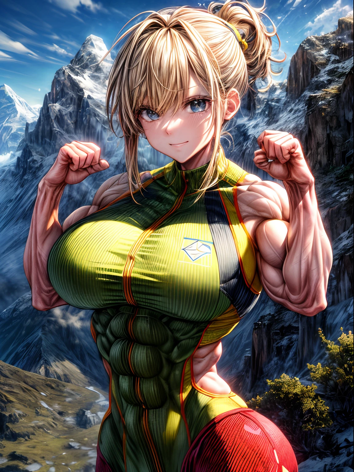 (BEST lighting) , (ultra intricately detailed) , 4K unification, (super-detailed CG: 1.2) , (8K: 1.2),(Original), (Masterpiece) , (Best quality),(Masterpiece:1.4),Anime-ish high quality,(Masterpiece),Masterpiece, Best quality, absurderes,((masterpeace, 4K, 8K, Yes, A high resolution))1girll, She was hiking a mountain,Head to a mountain resort, hiking clothes, Spring, Boots, Perfect figure, short yellow asymmetrical hair, Sweat, Dynamic pose, ((body builder:1.5)),Temple background,(Beautiful bace),(Girl),(Female),(((Upper body:1)))