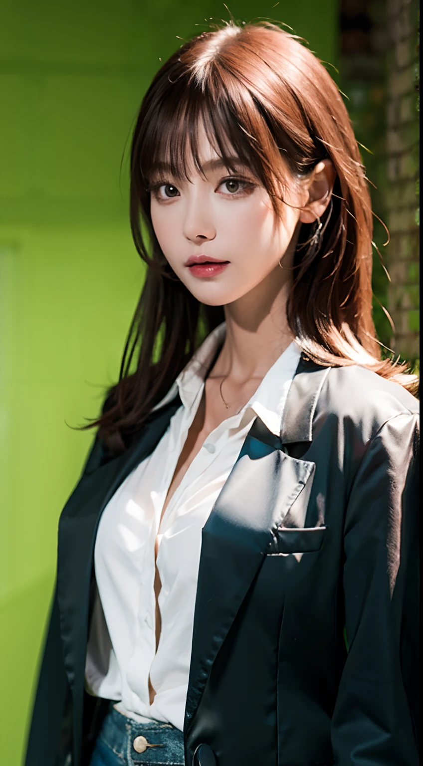 a tall, thin woman, with a black blazer, white blouse, jeans, blurred background, portrait photo