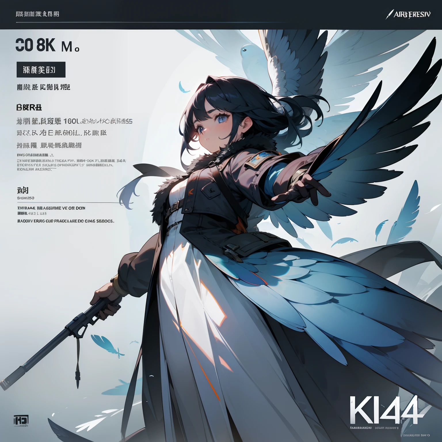 character sheets、top-quality、Masterpiece 4K、8K ultra-high resolution、Girl with arms turned on bird feathers、One girl in a survival coat。